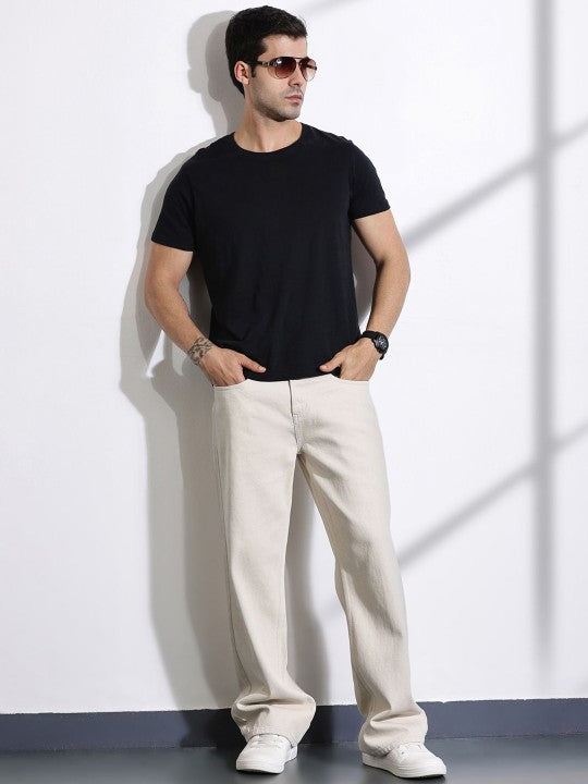 M Q Denim Jeans Men's Regular Fit 100% Beige Cotton Jeans | Soft, Durable Denim | Mid Rise Casual Stylish Comfort Wear for Daily Use