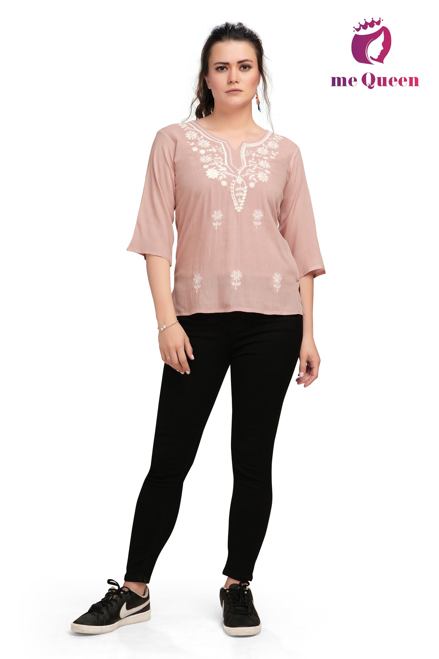 MeQueen Women's Pink Color Floral Embroidered Top