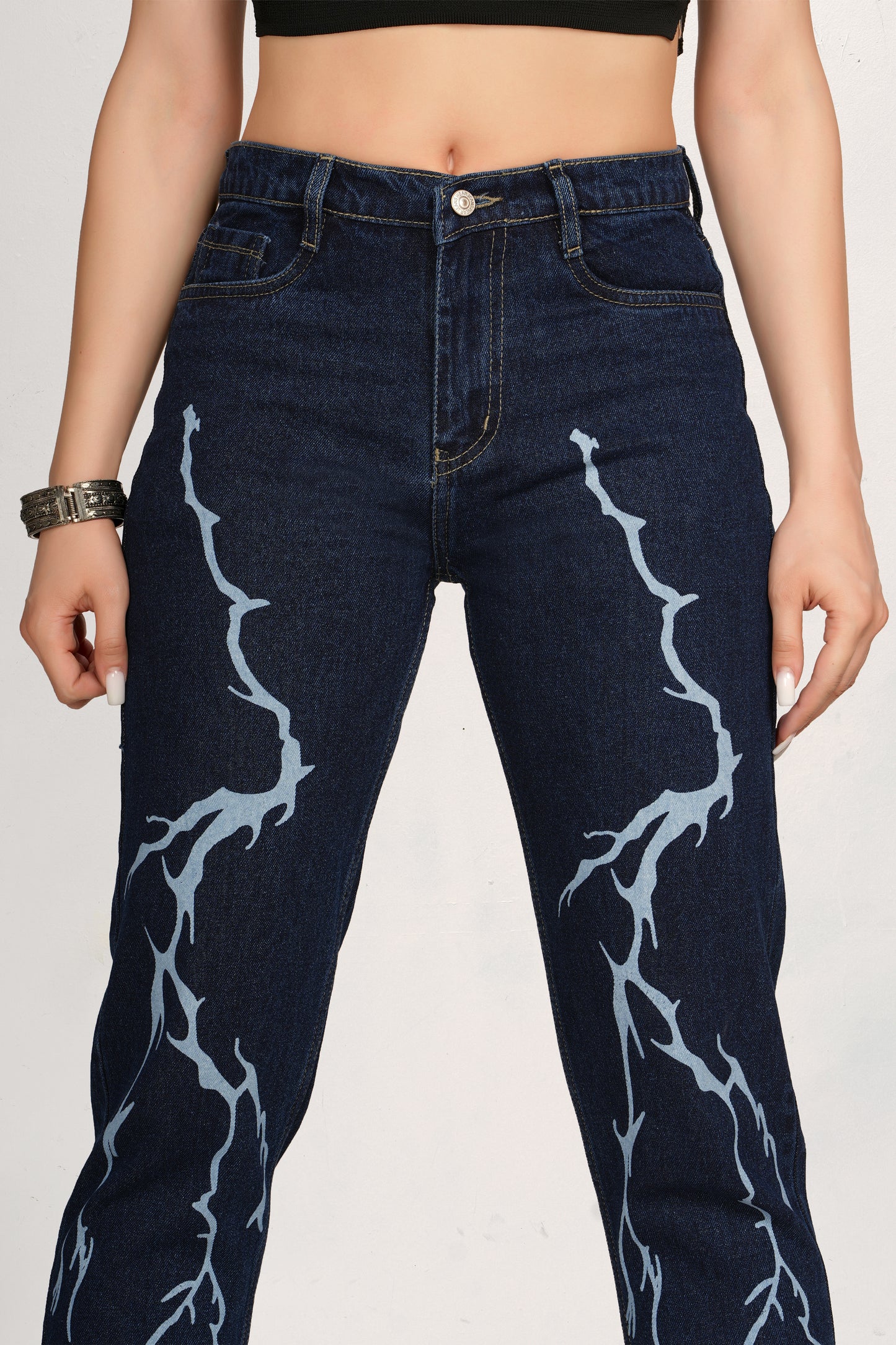 MeQueen Relaxed Fit Women's Dark Blue Lightning Printed Jeans