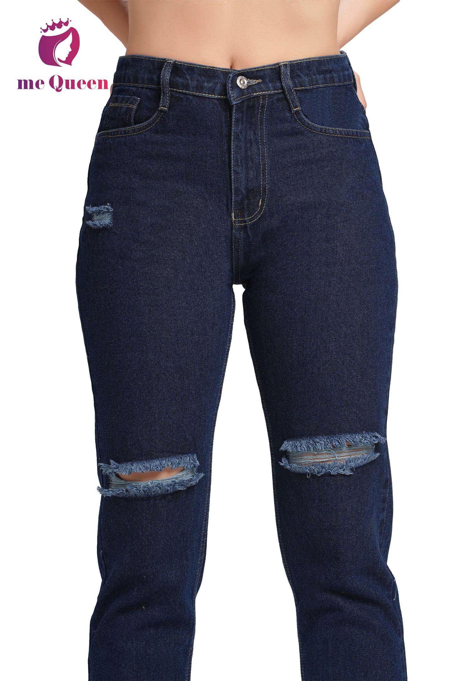MeQueen Women's Dark Blue Fit Ripped Knee Jeans