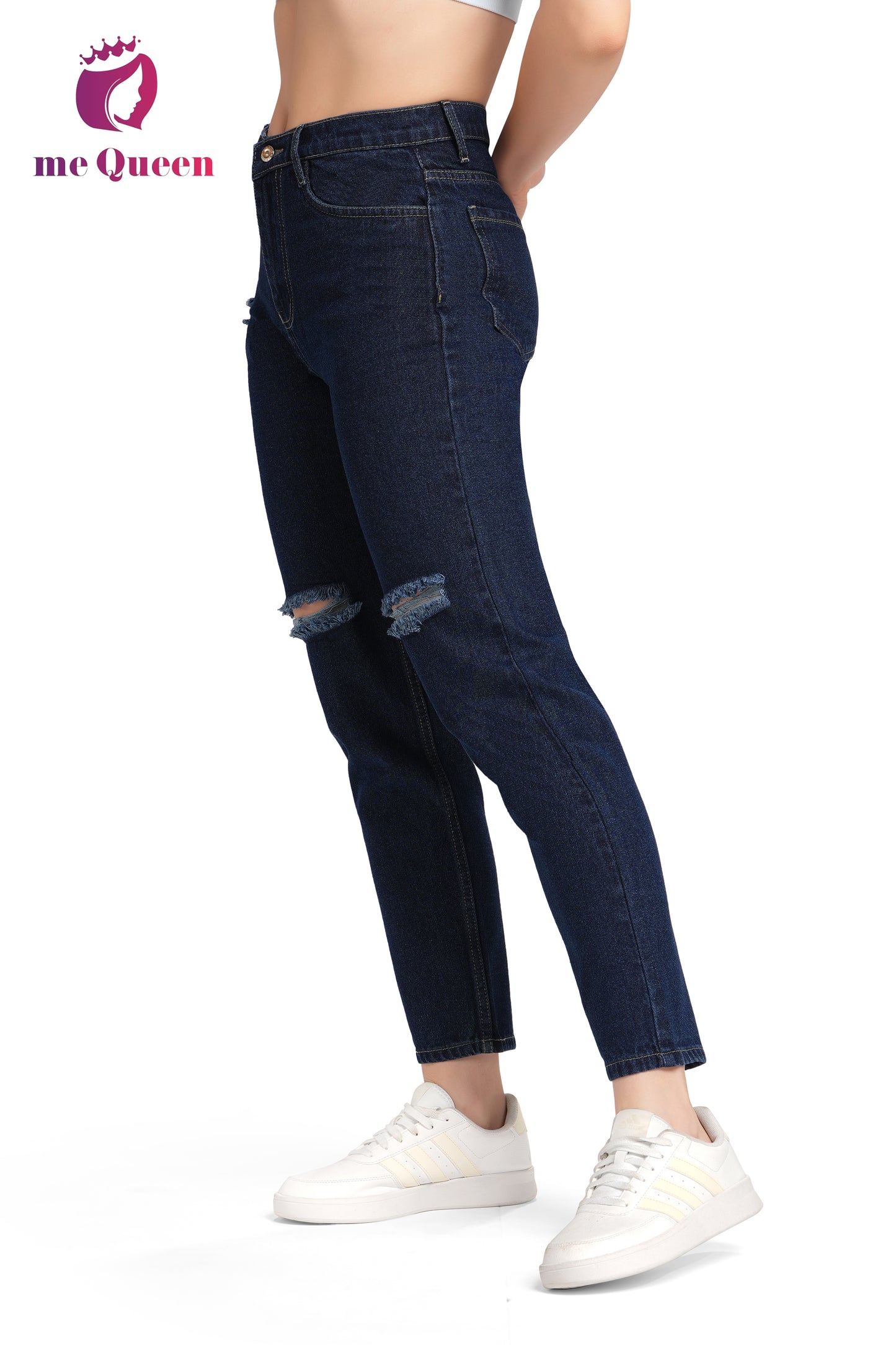 MeQueen Women's Dark Blue Fit Ripped Knee Jeans