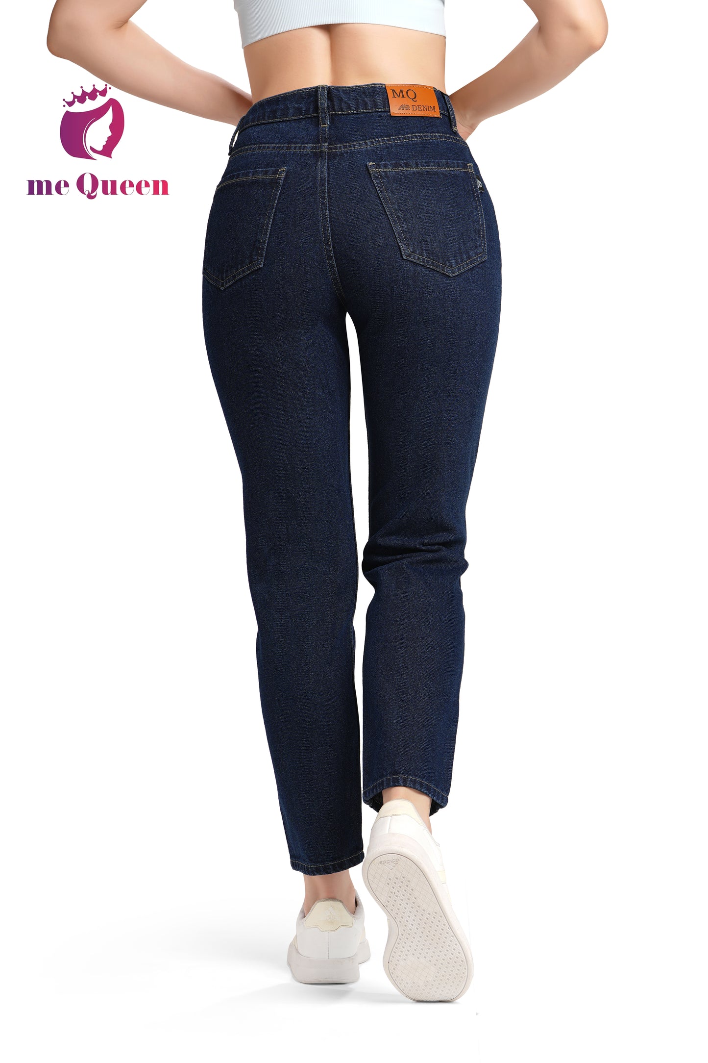 MeQueen Women's Dark Blue Fit Ripped Knee Jeans