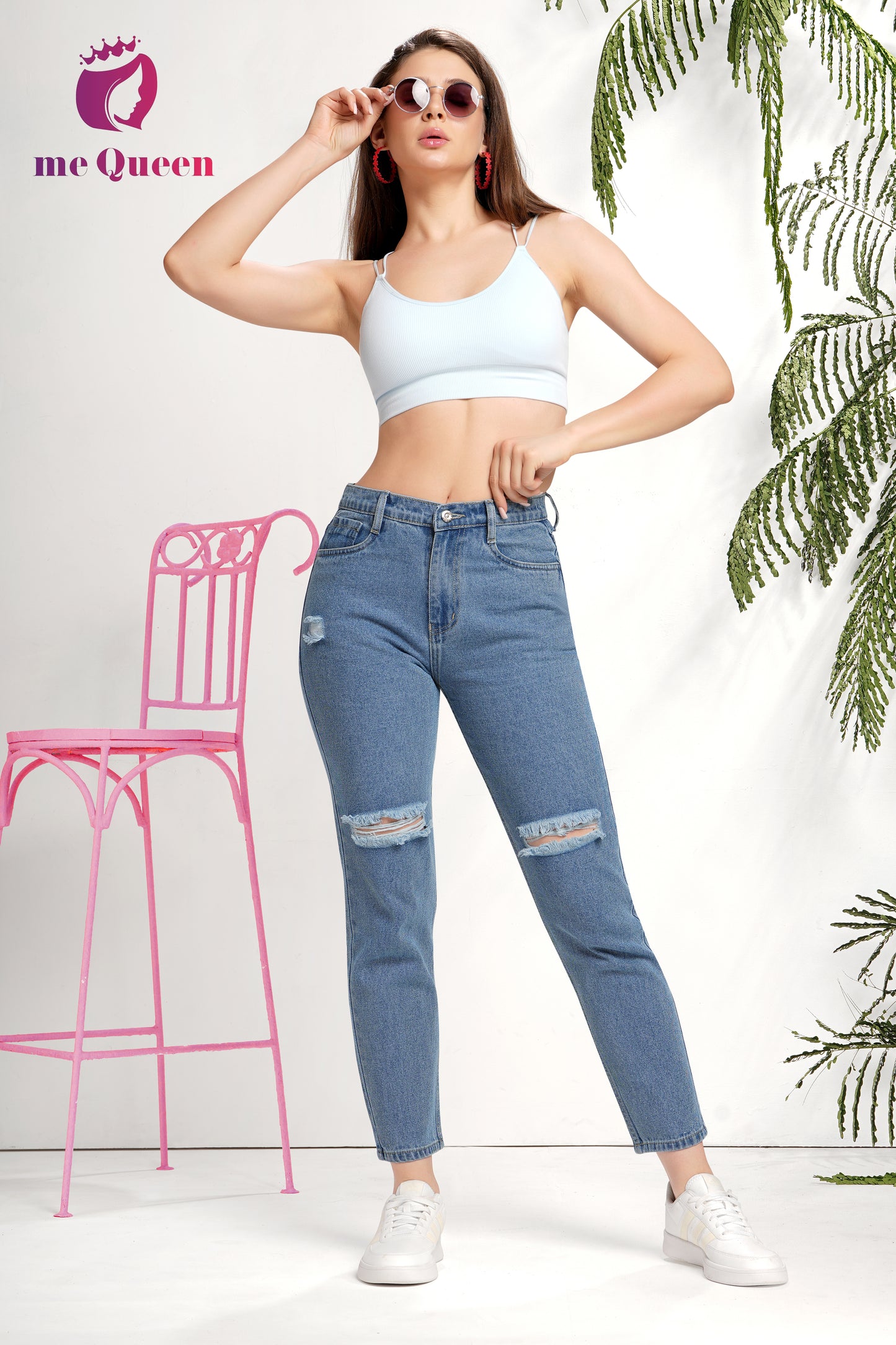 MeQueen Women's Steel Blue Fit Ripped Knee Jeans