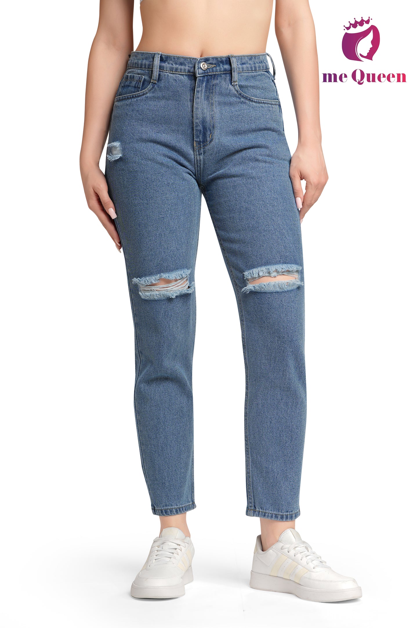 MeQueen Women's Steel Blue Fit Ripped Knee Jeans