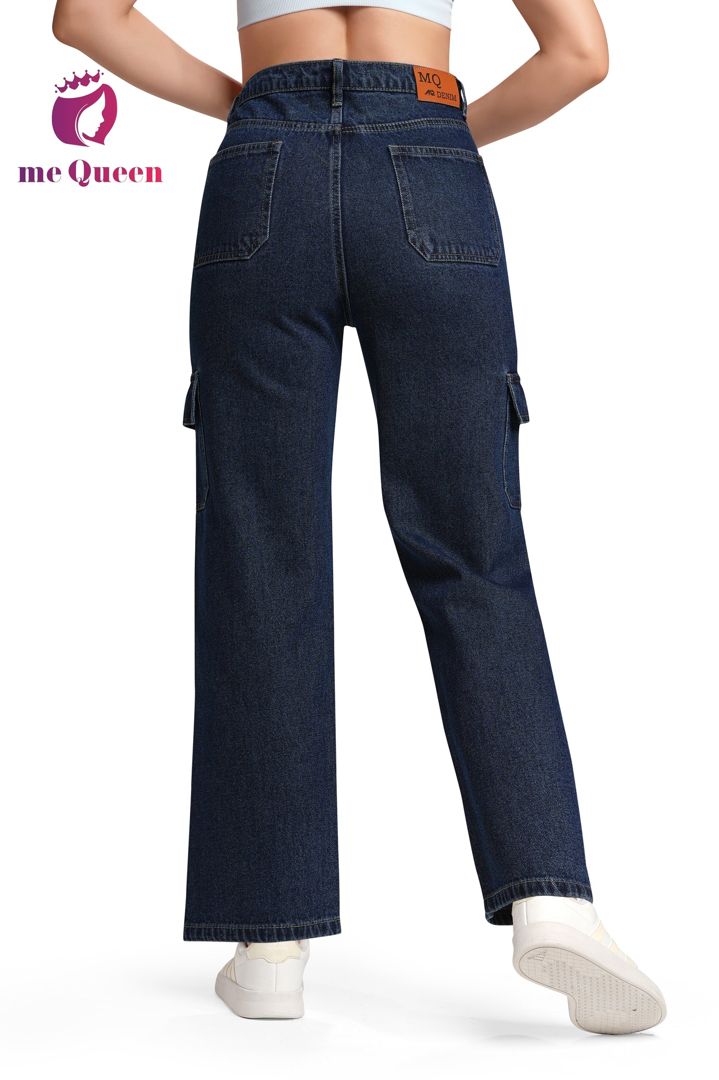 MeQueen Women Gunmetal Blue Loose Fit Cargo Jeans with Flap Pockets