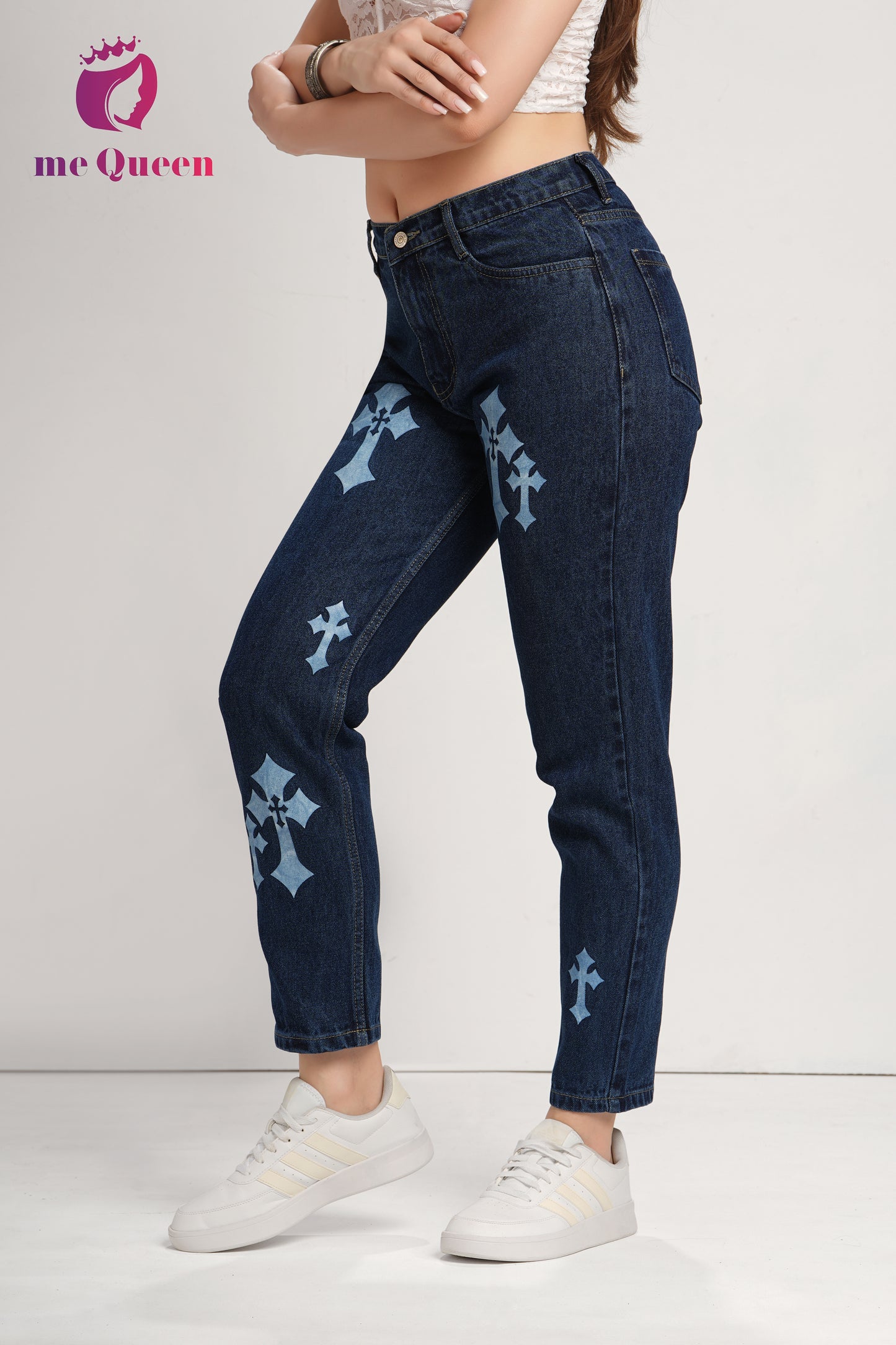 MeQueen Women's Dark Blue Fit Printed Denim Jeans