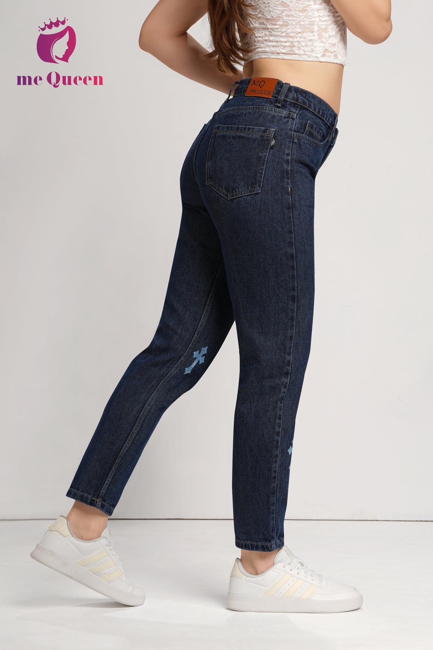 MeQueen Women's Dark Blue Fit Printed Denim Jeans