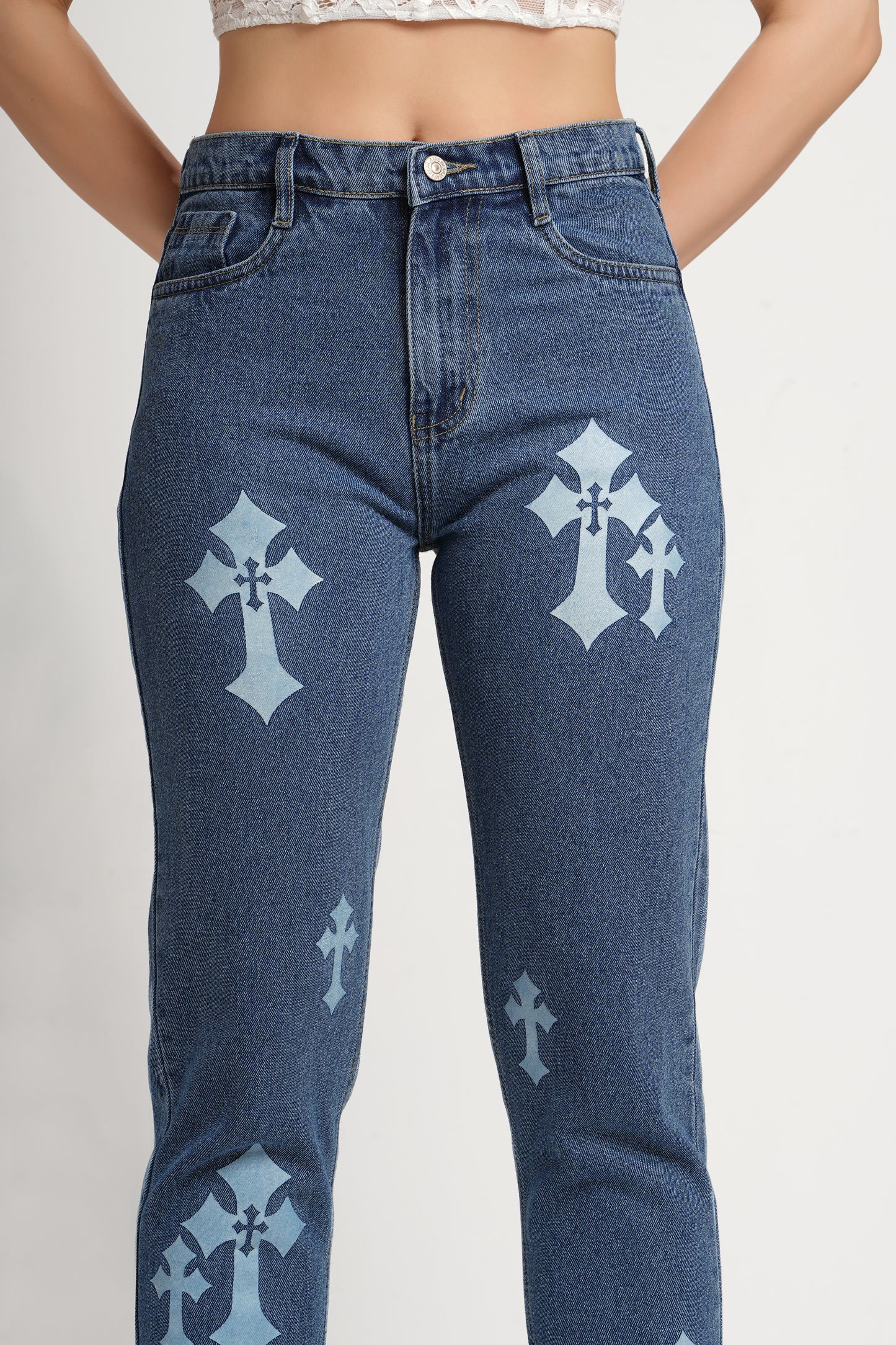 MeQueen Women's Charcoal Blue Fit Printed Denim Jeans