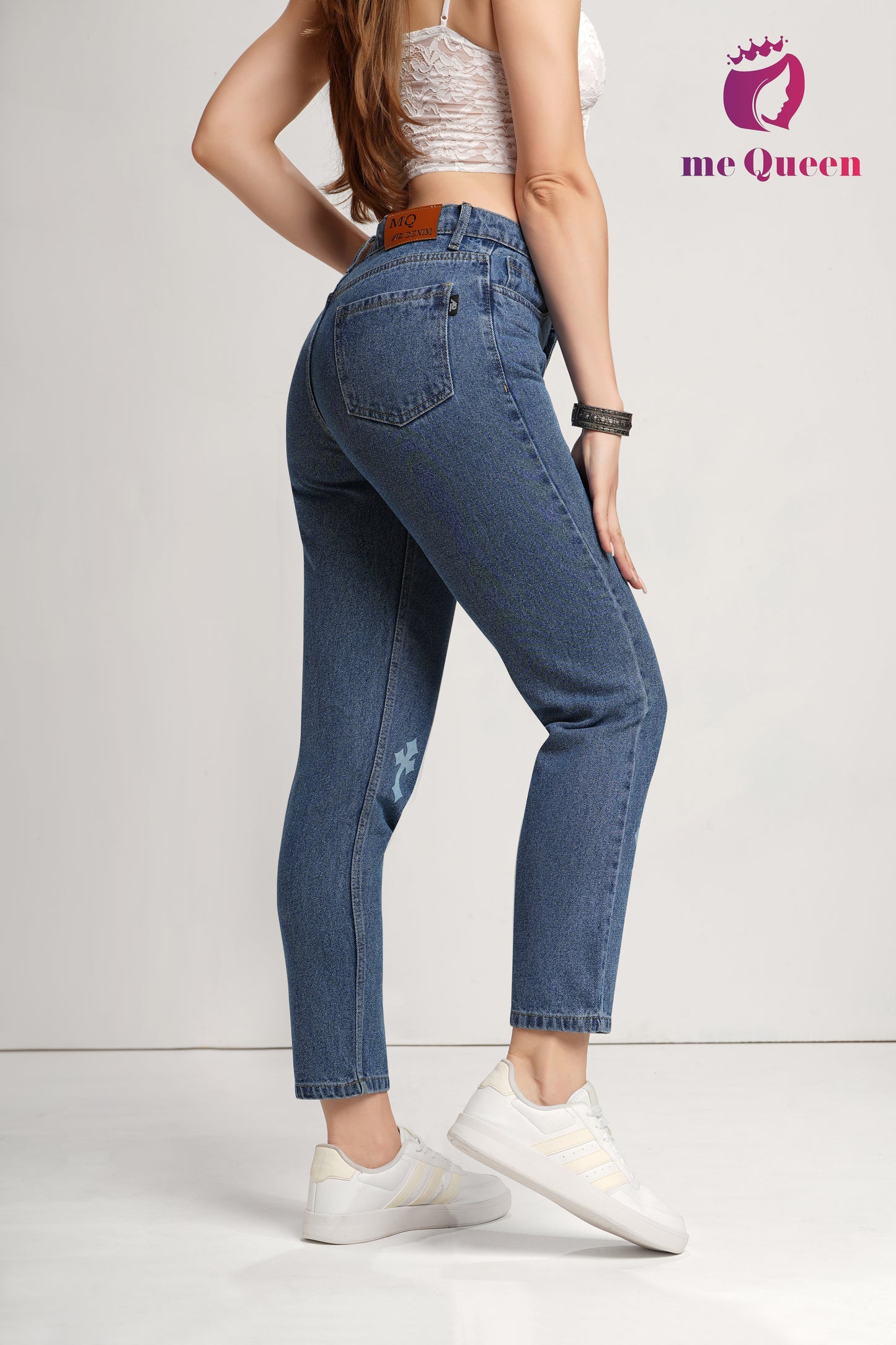 MeQueen Women's Charcoal Blue Fit Printed Denim Jeans