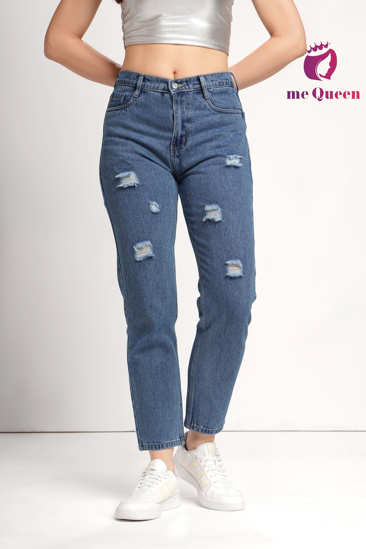 MeQueen Women's Police Blue Fit Ripped Distrssed Denim Jeans
