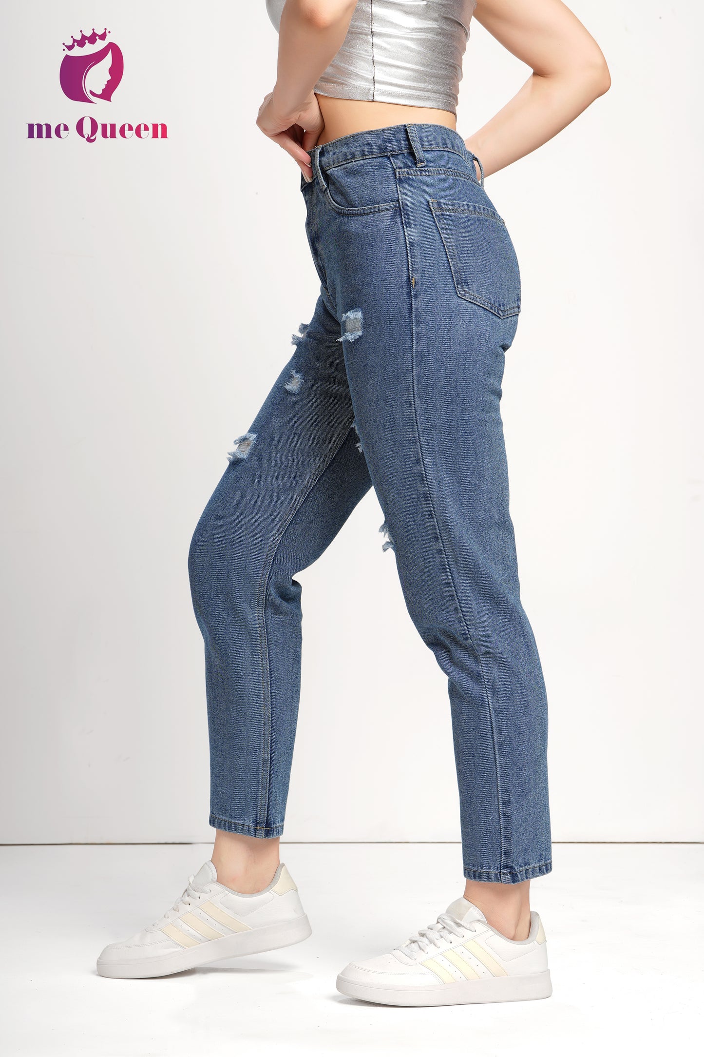 MeQueen Women's Police Blue Fit Ripped Distrssed Denim Jeans