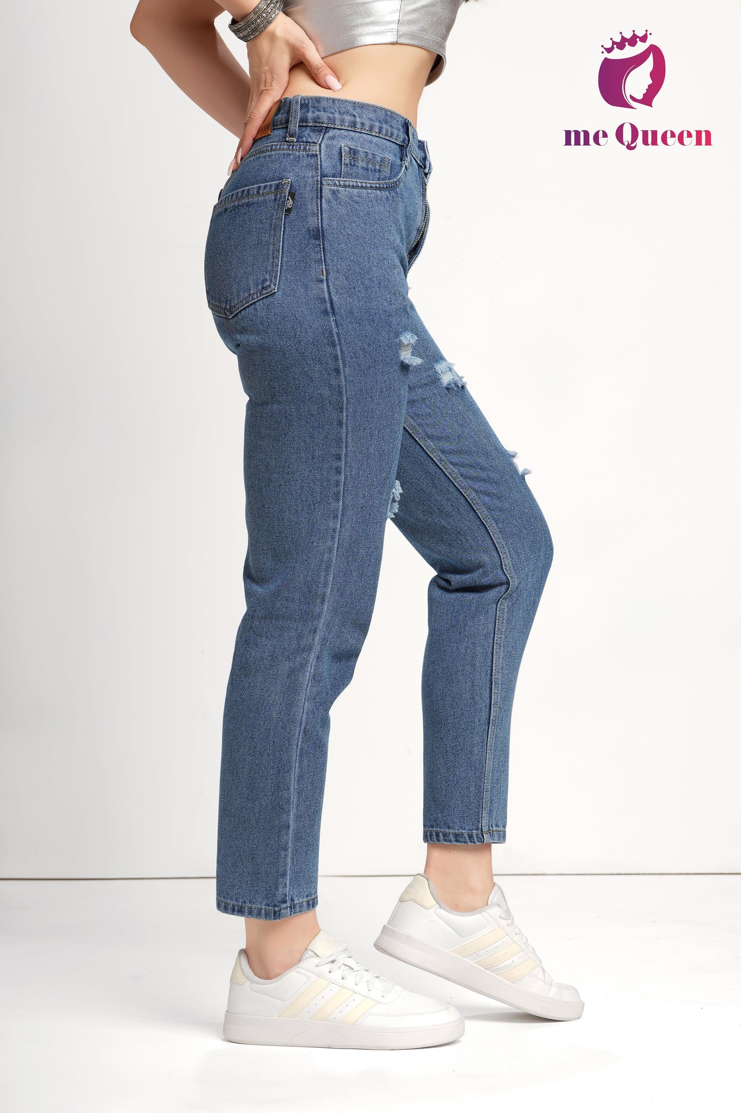 MeQueen Women's Police Blue Fit Ripped Distrssed Denim Jeans