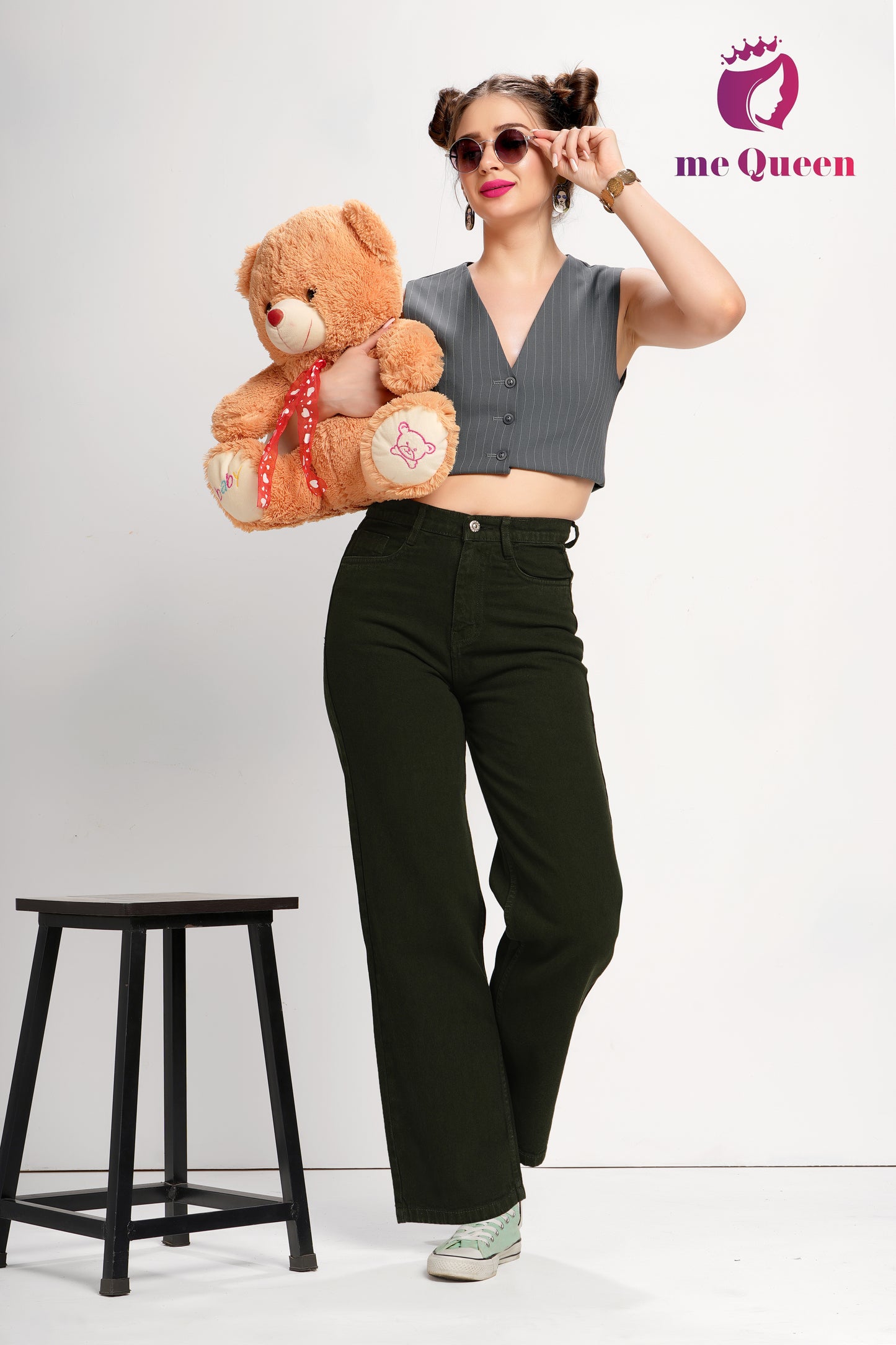 MeQueen Women's Dark Olive Loose Fit Denim Jeans