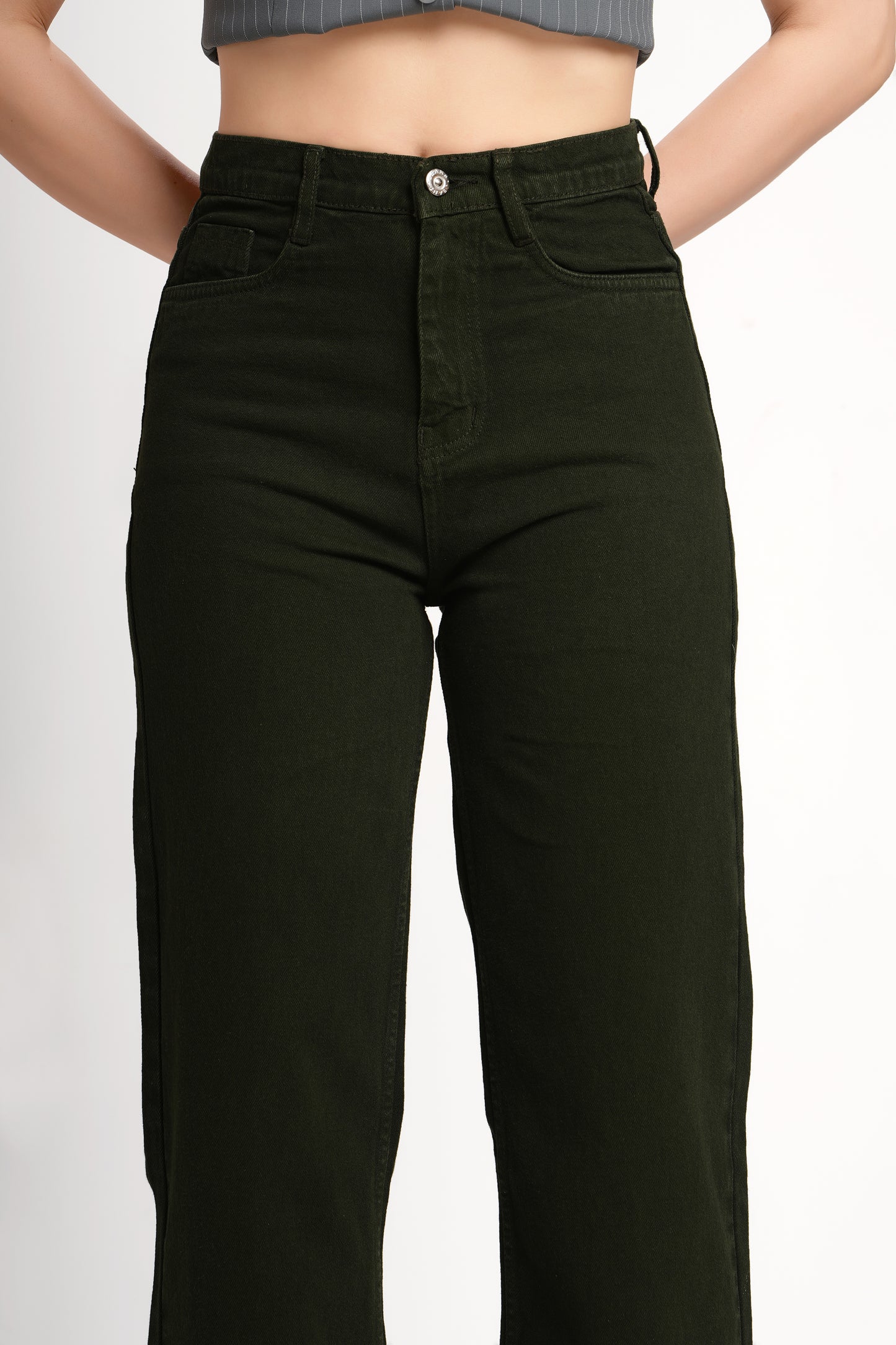 MeQueen Women's Dark Olive Loose Fit Denim Jeans