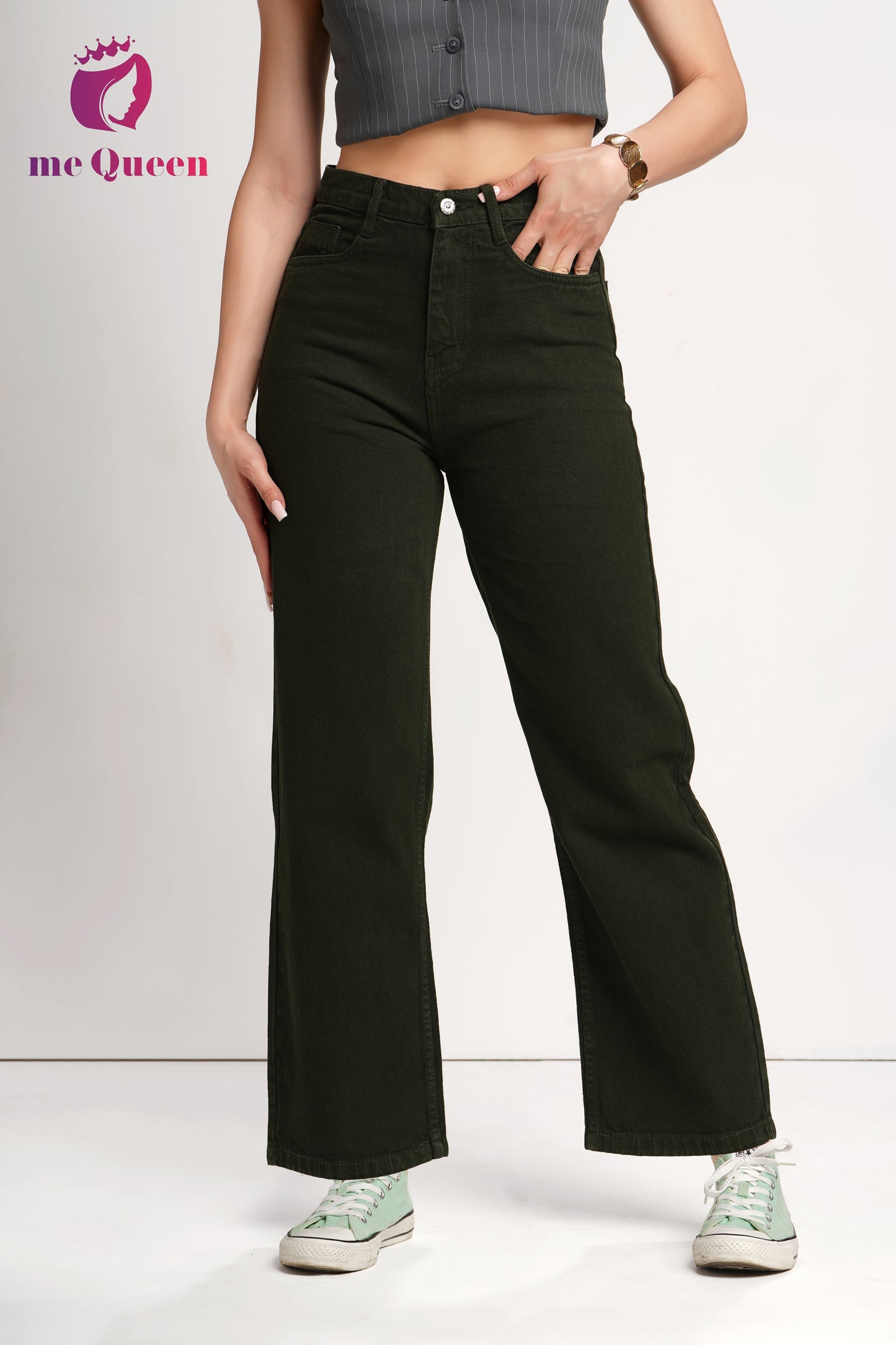 MeQueen Women's Dark Olive Loose Fit Denim Jeans