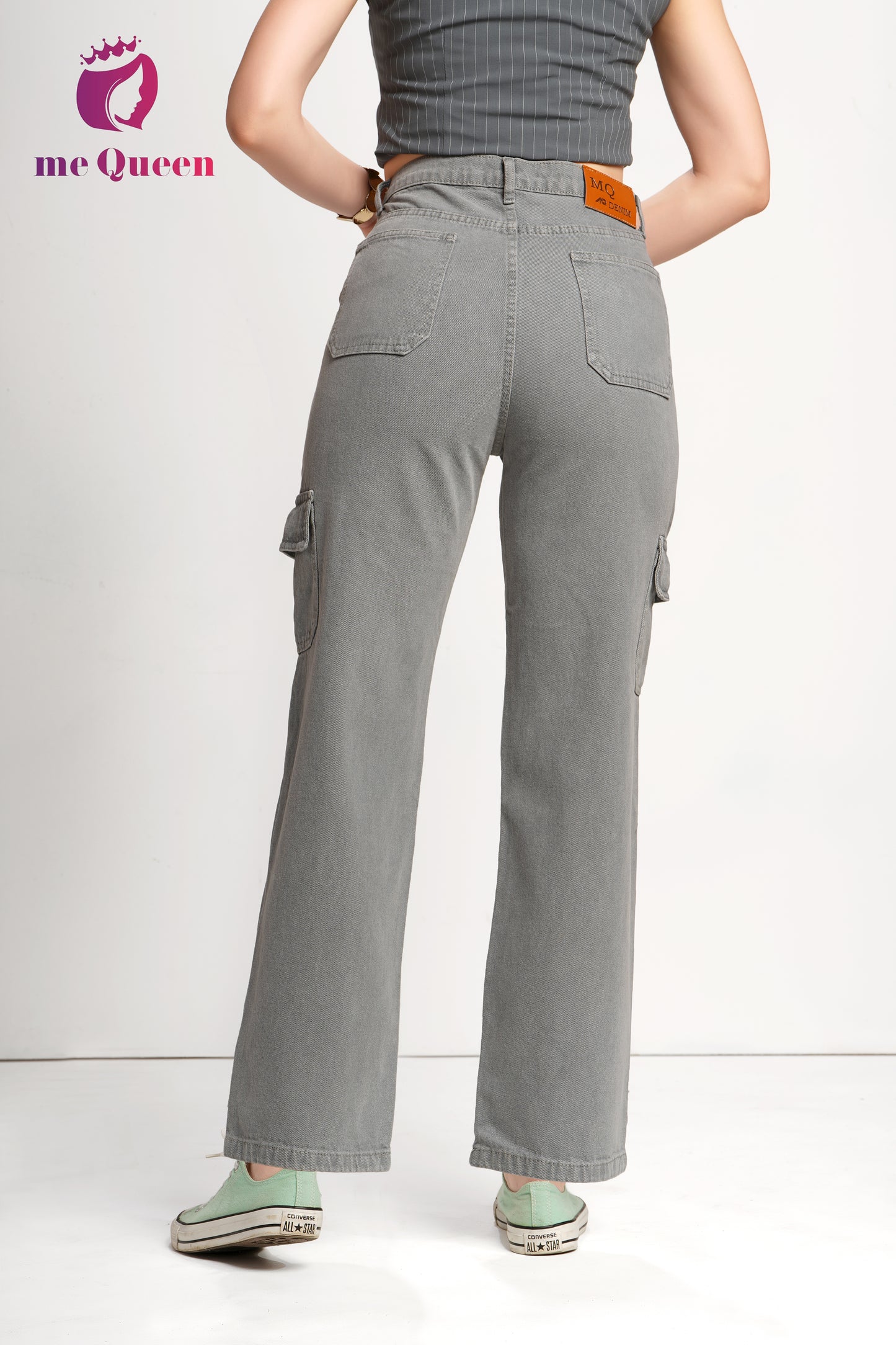 MeQueen Women Grayish Olive Loose Fit Cargo Jeans with Flap Pockets