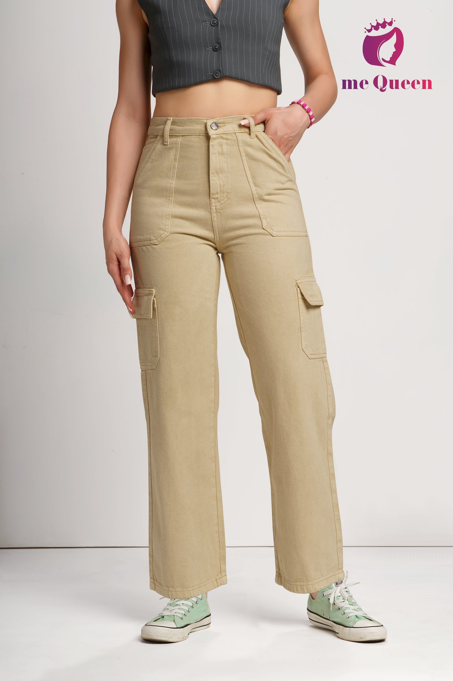 MeQueen Women Desert Sand Loose Fit Cargo Jeans with Flap Pockets