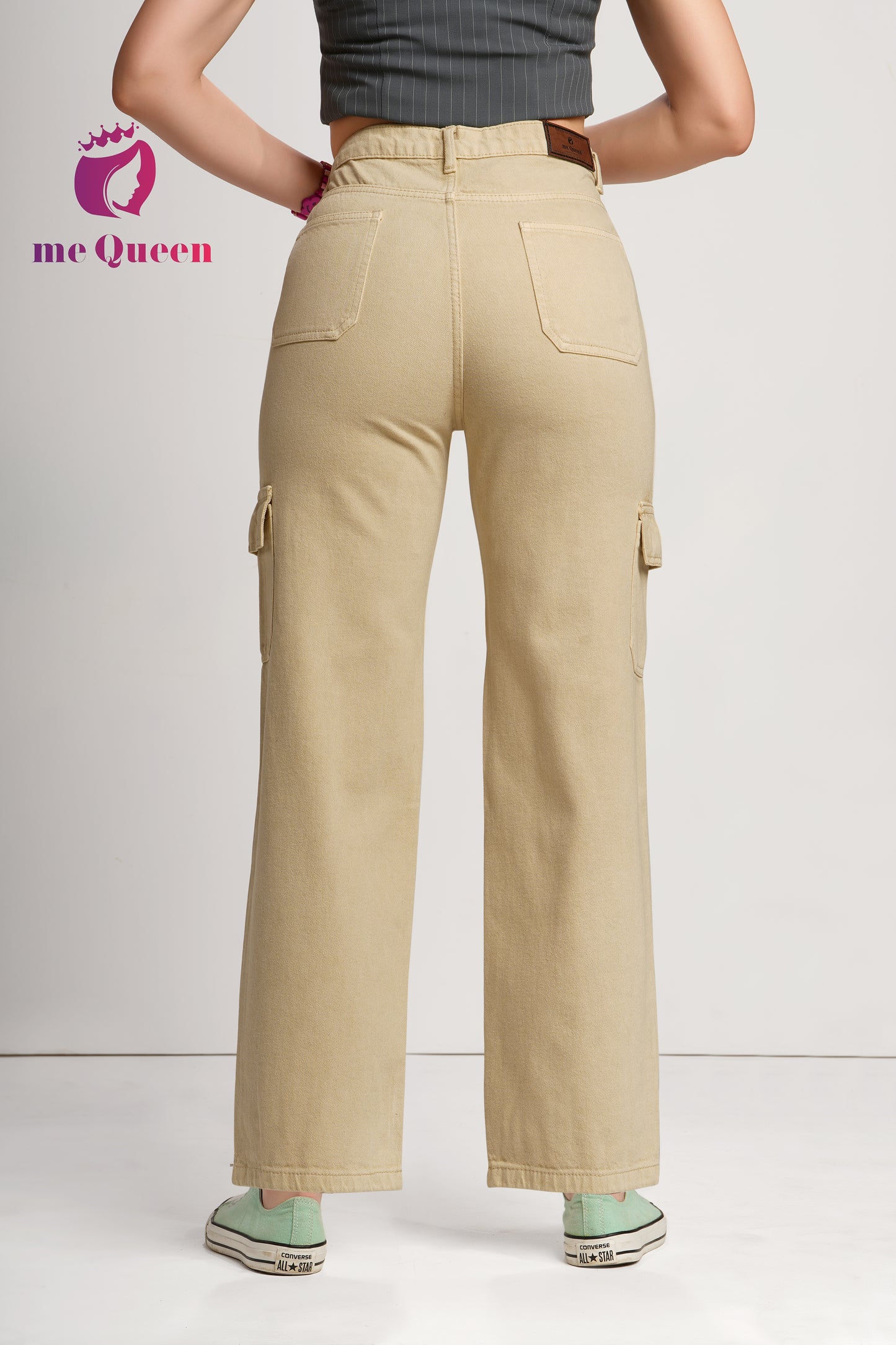MeQueen Women Desert Sand Loose Fit Cargo Jeans with Flap Pockets