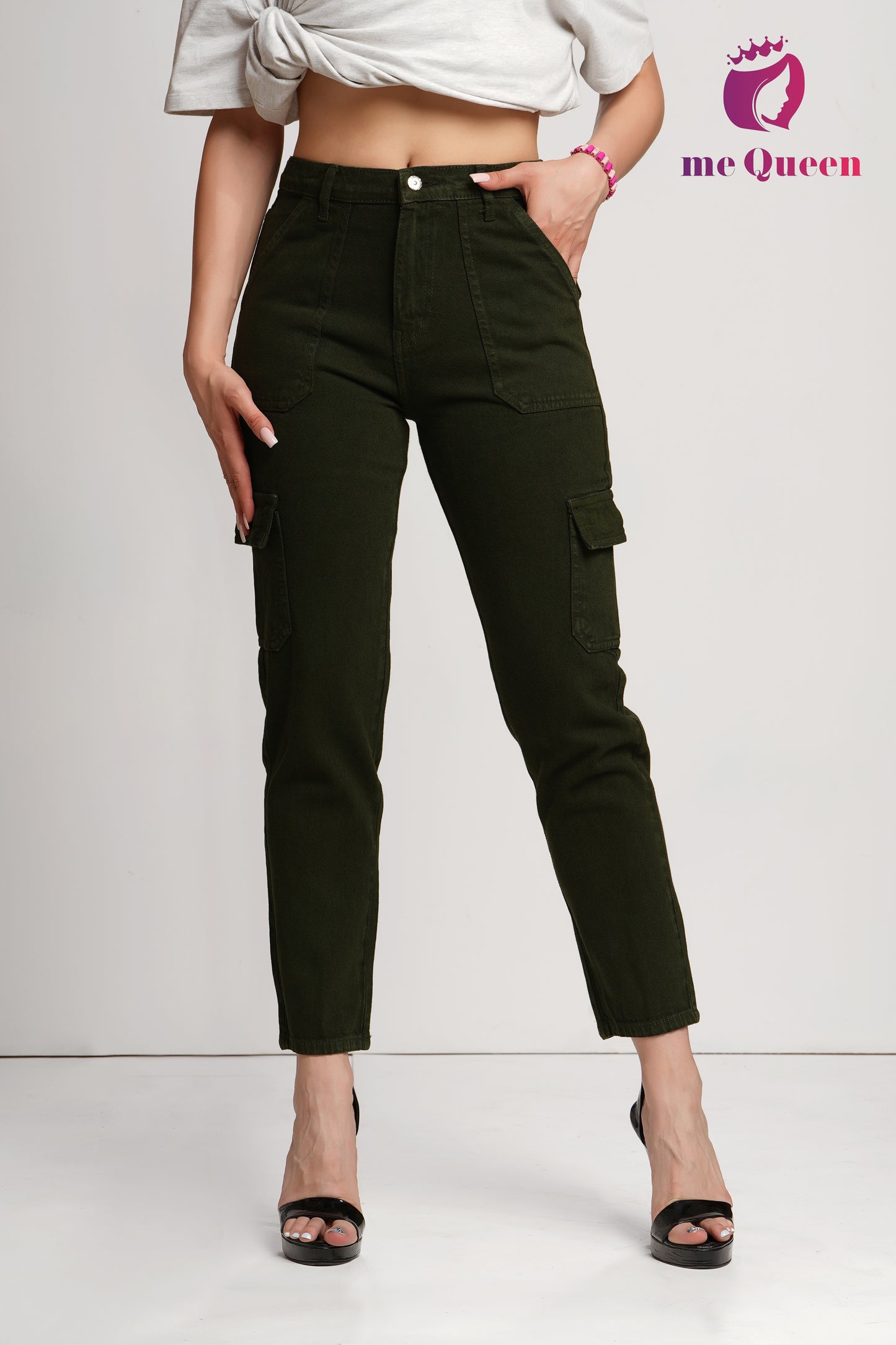MeQueen Women's Dark Olive Green Fit Denim Jeans with Handy Pockets