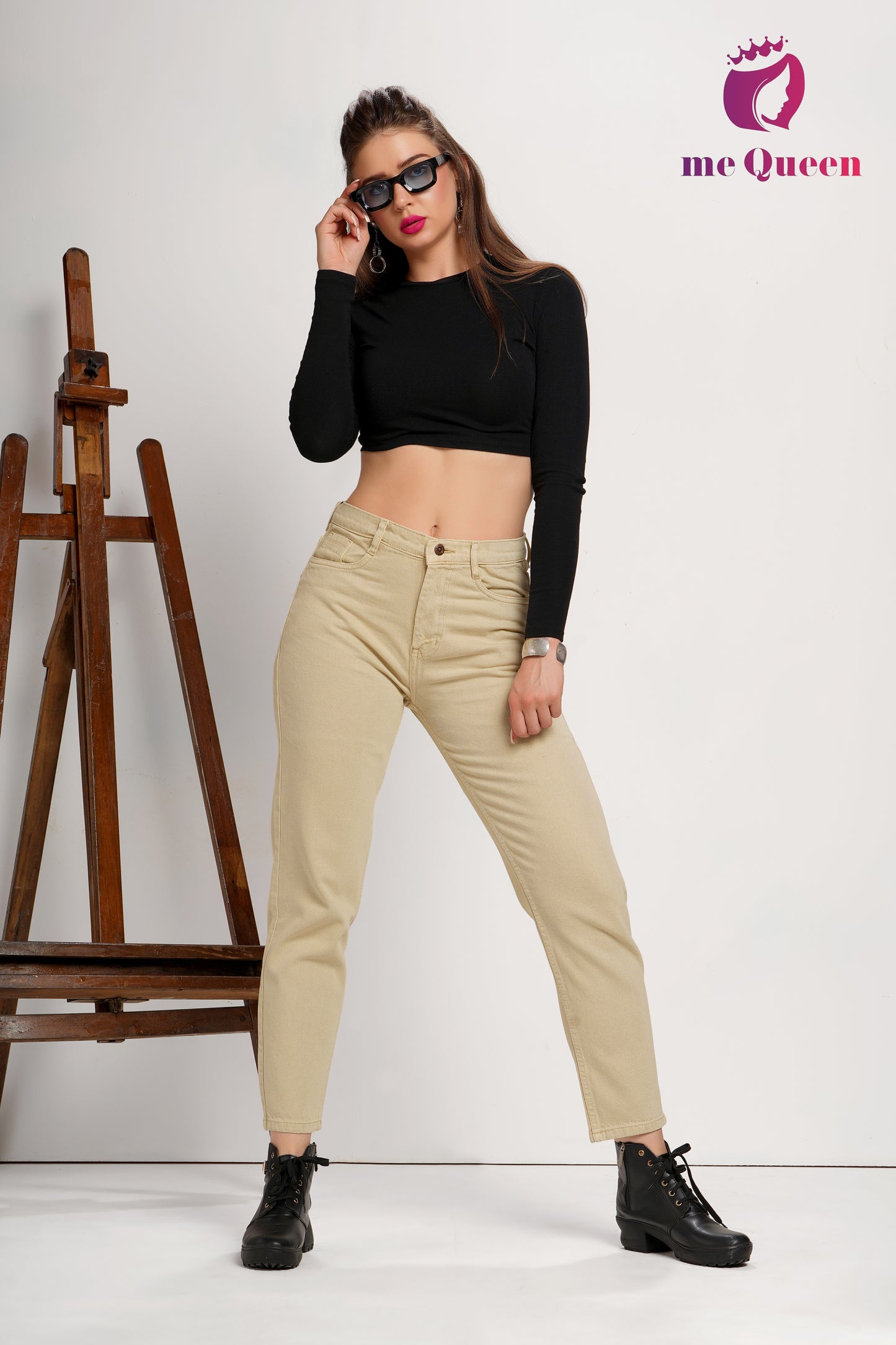 MeQueen Women's Beige Fit Denim Jeans