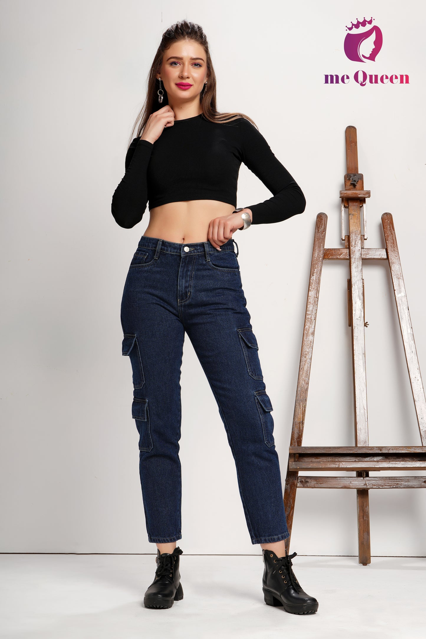 MeQueen Women's Midnight Navy Fit Cargo Jeans with 4 Flap Pockets