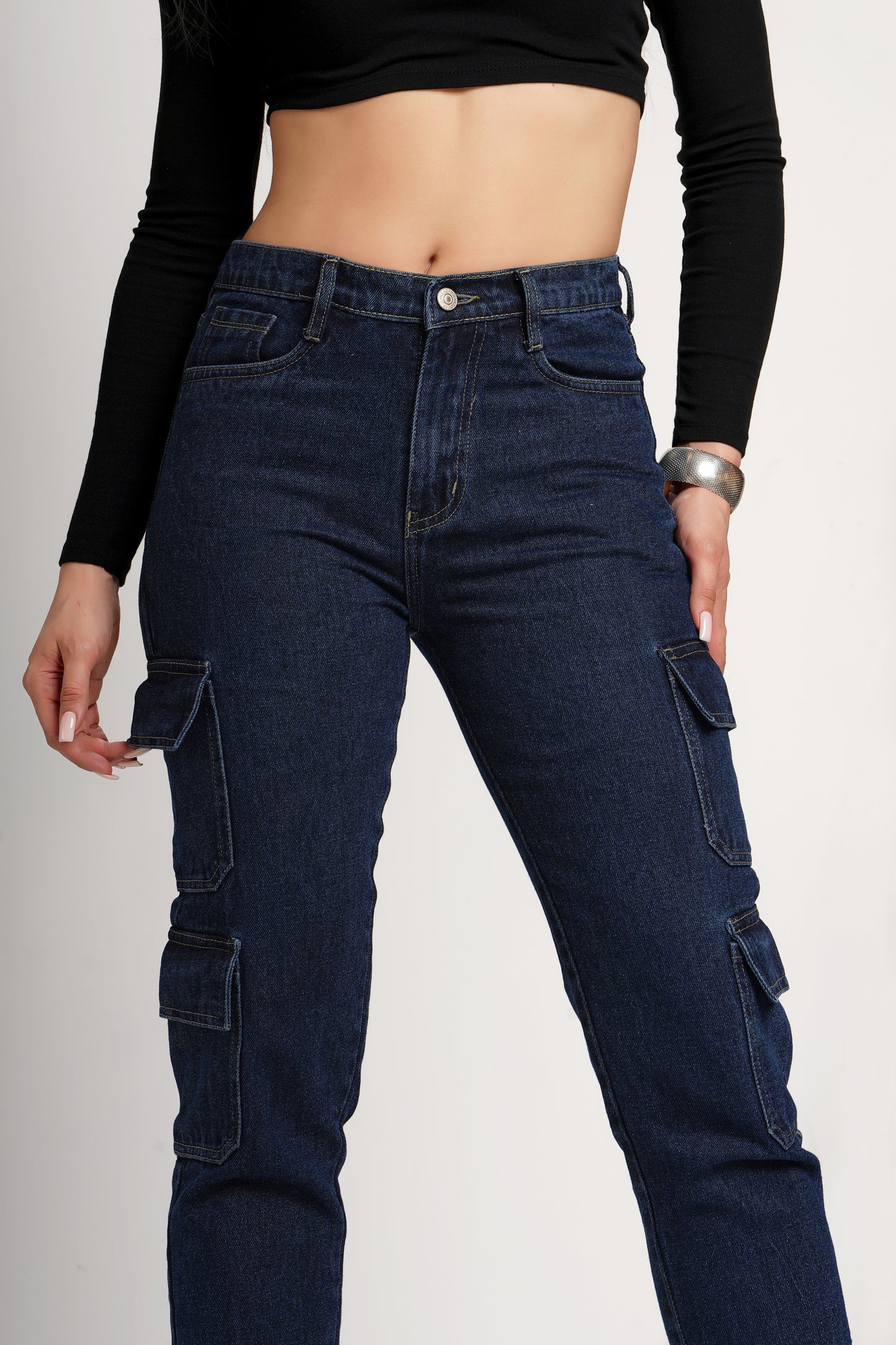 MeQueen Women's Midnight Navy Fit Cargo Jeans with 4 Flap Pockets
