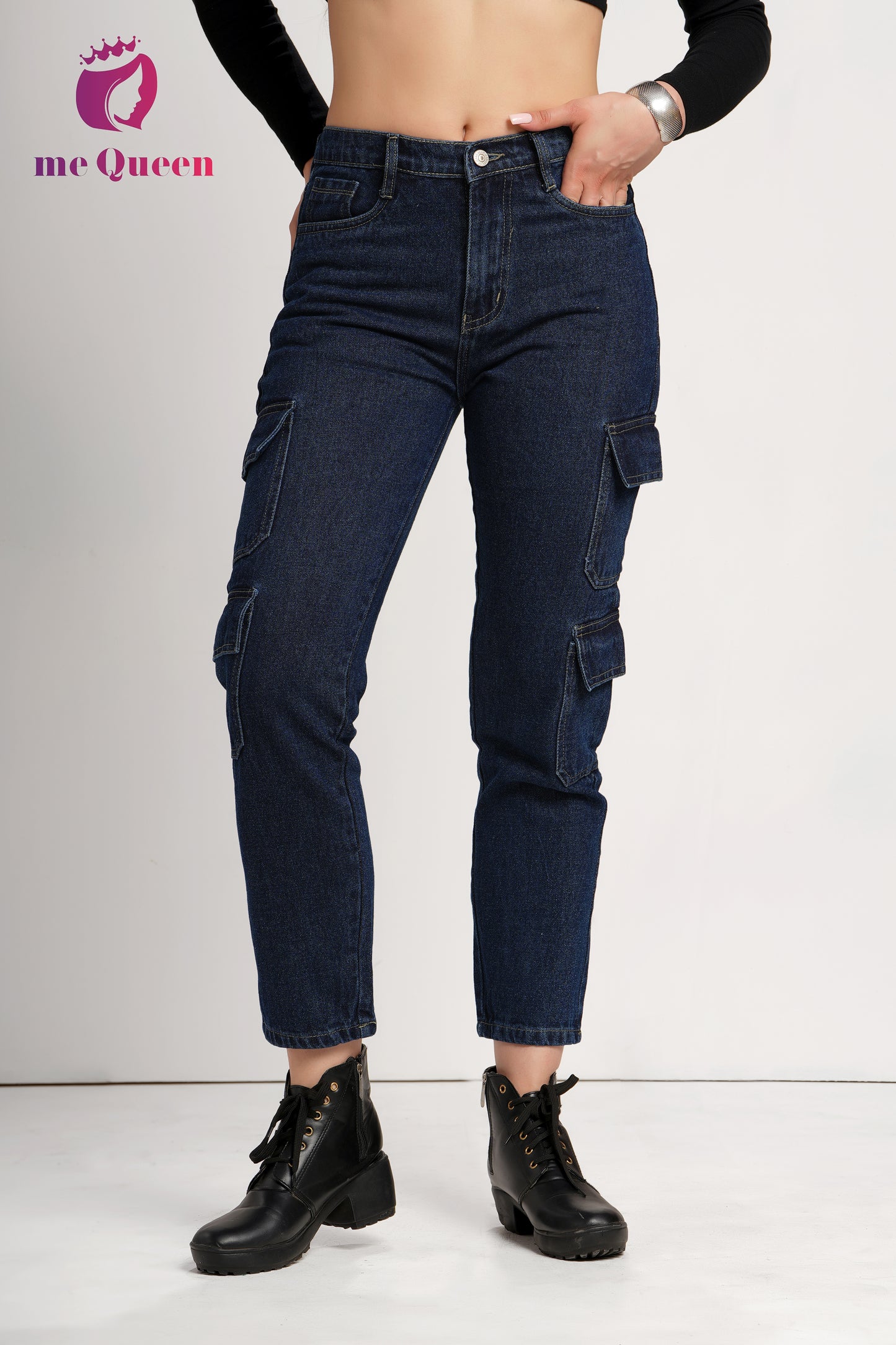 MeQueen Women's Midnight Navy Fit Cargo Jeans with 4 Flap Pockets