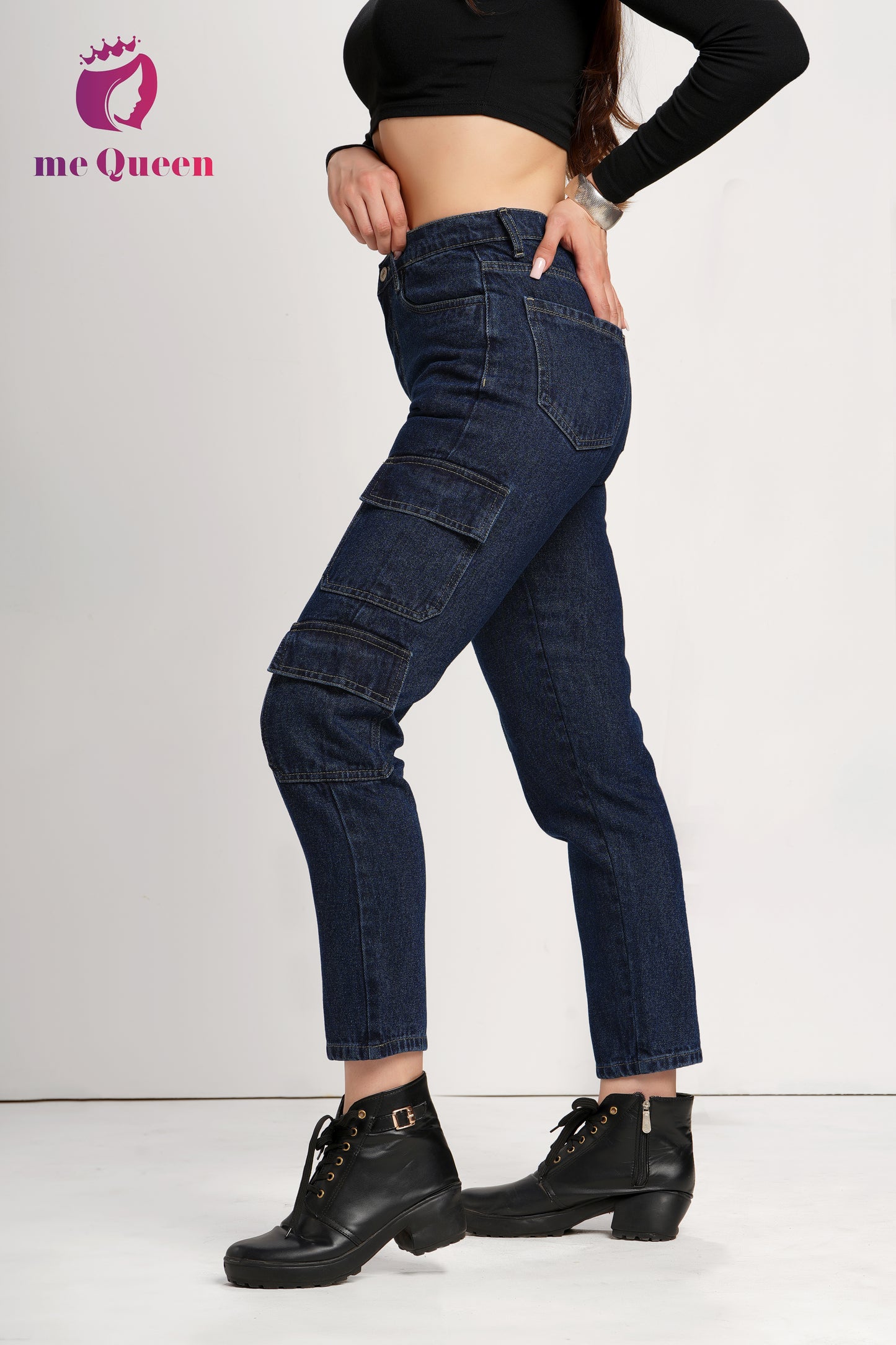 MeQueen Women's Midnight Navy Fit Cargo Jeans with 4 Flap Pockets