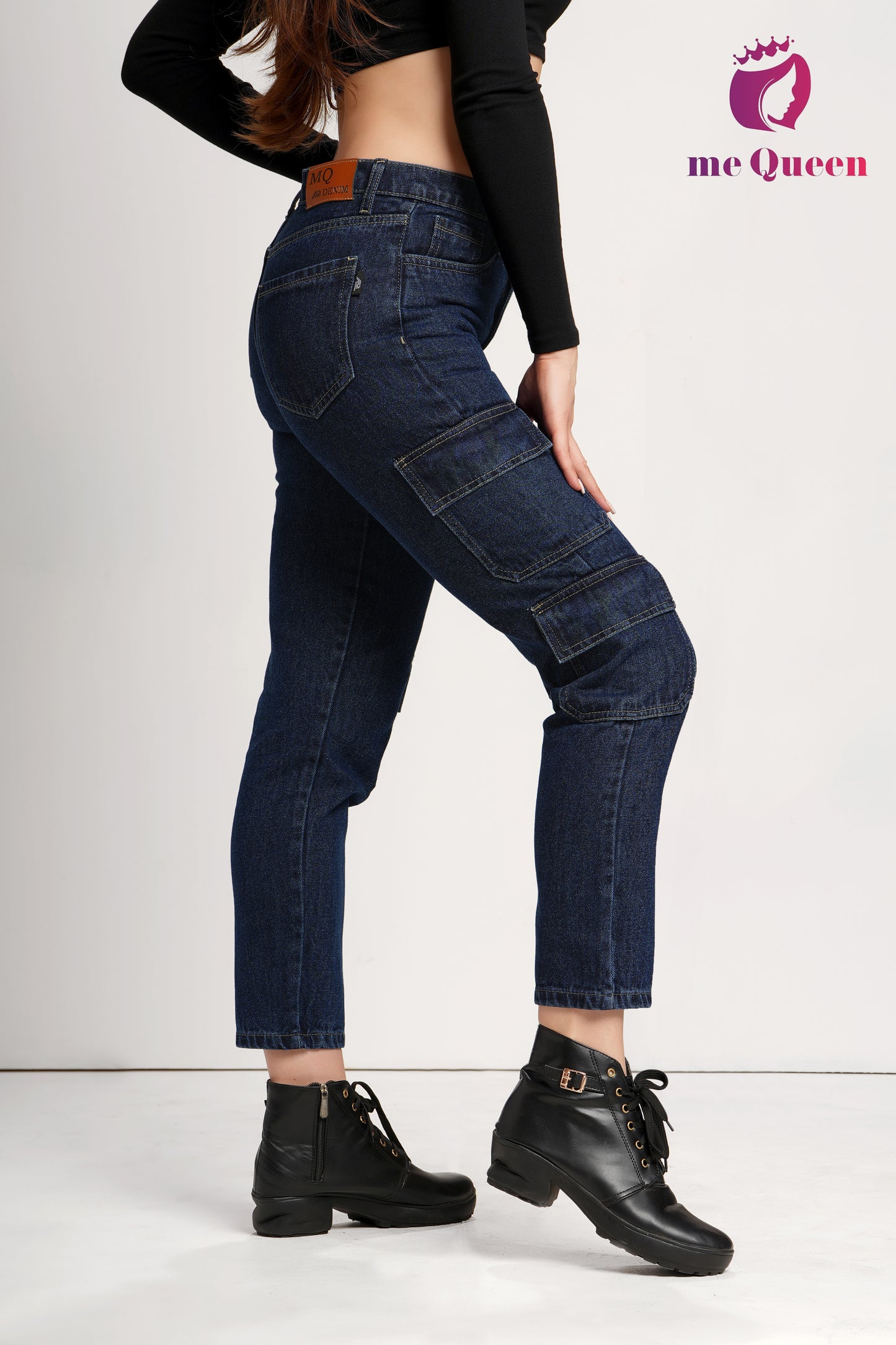 MeQueen Women's Midnight Navy Fit Cargo Jeans with 4 Flap Pockets