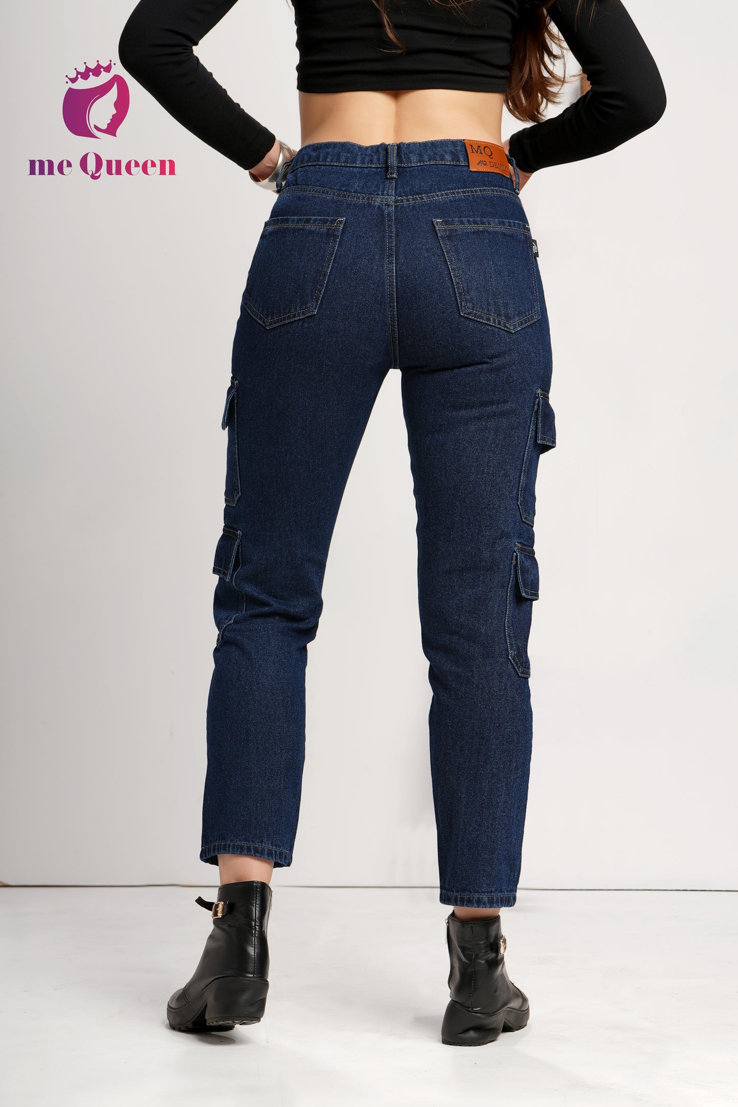 MeQueen Women's Midnight Navy Fit Cargo Jeans with 4 Flap Pockets