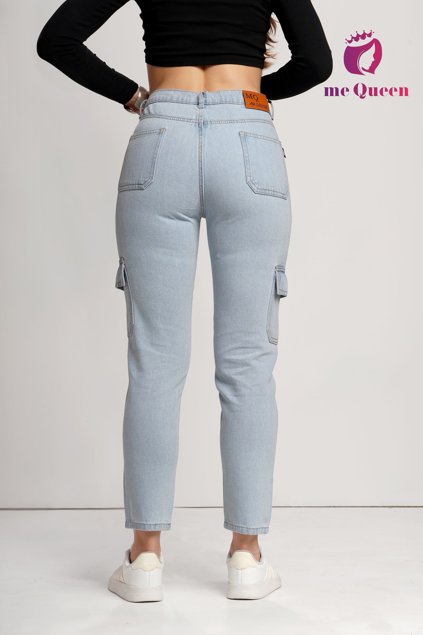 MeQueen Women's Sky Blue Fit Cargo Jeans with 2 Flap Pockets