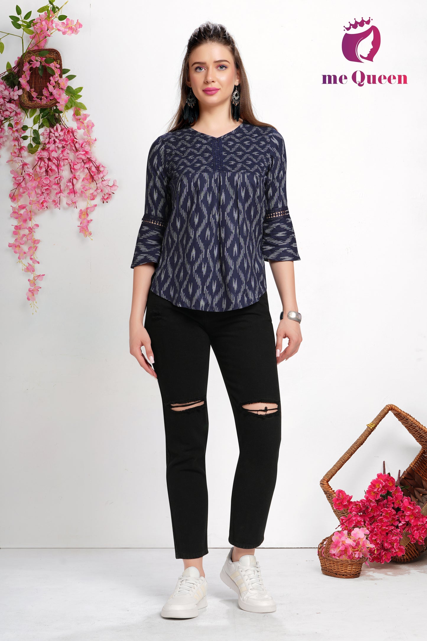 MeQueen Women's Navy Blue Printed Top with Lace Work