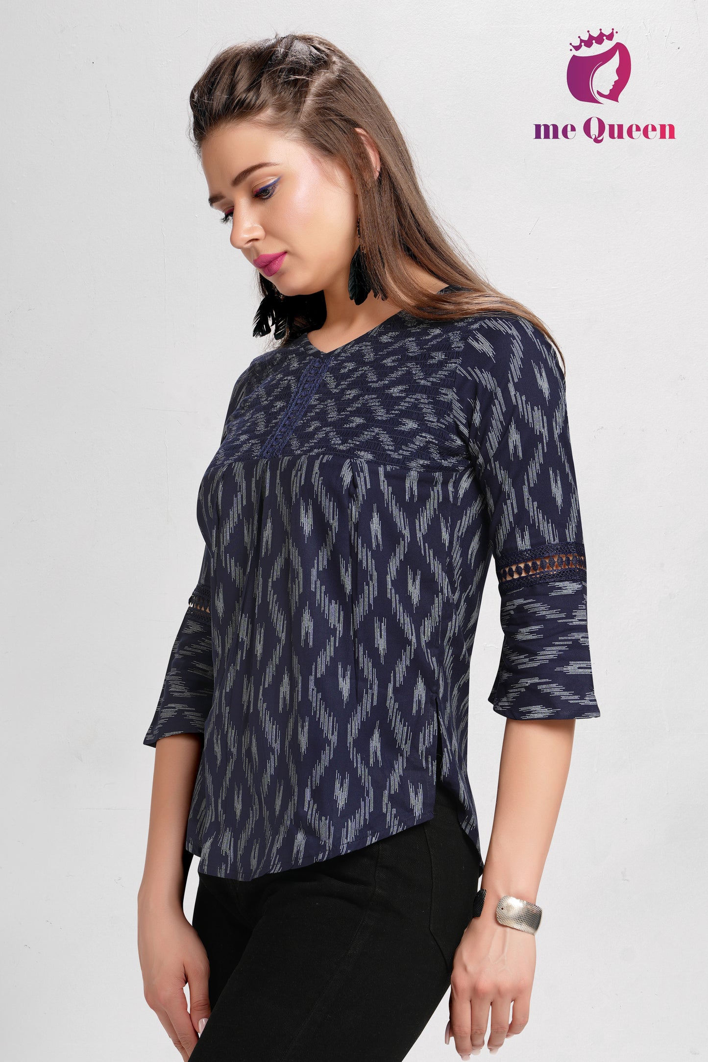 MeQueen Women's Navy Blue Printed Top with Lace Work