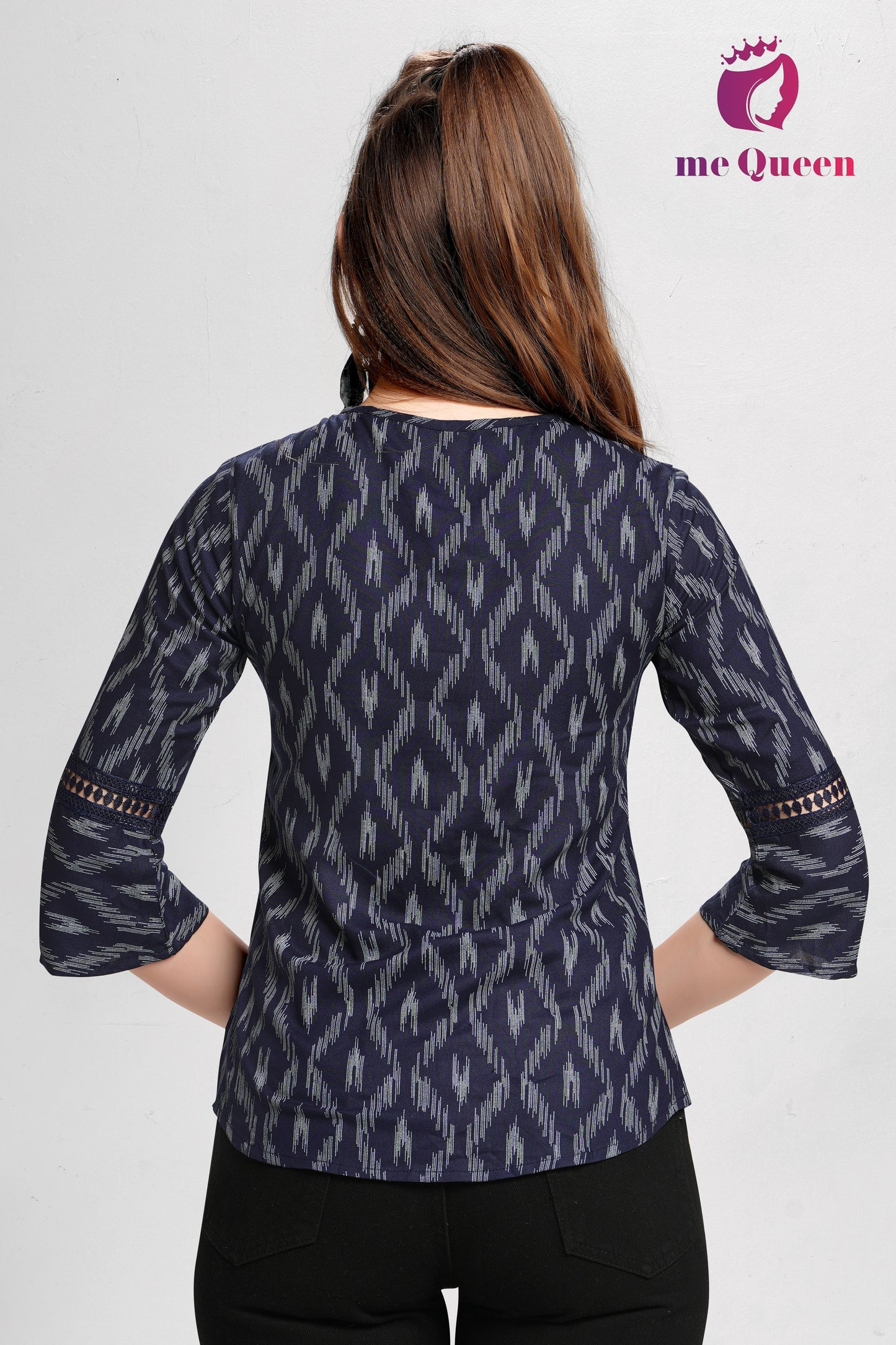 MeQueen Women's Navy Blue Printed Top with Lace Work