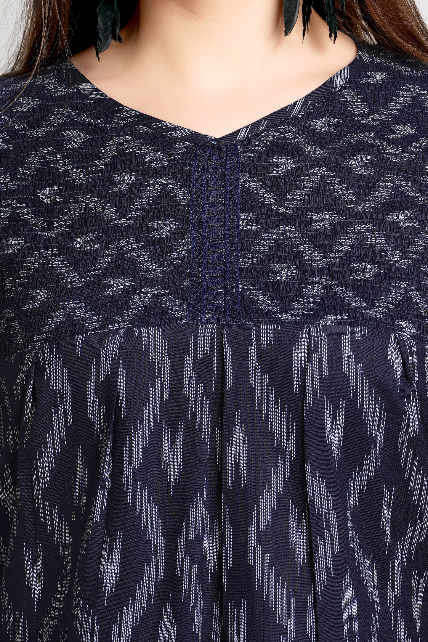MeQueen Women's Navy Blue Printed Top with Lace Work