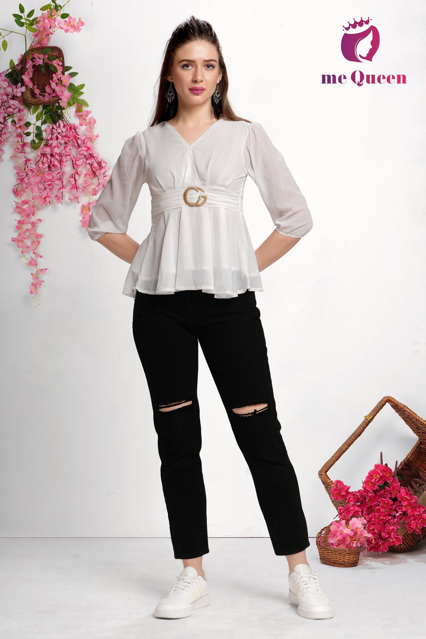 MeQueen's White Belt Style Peplum Top with buckle