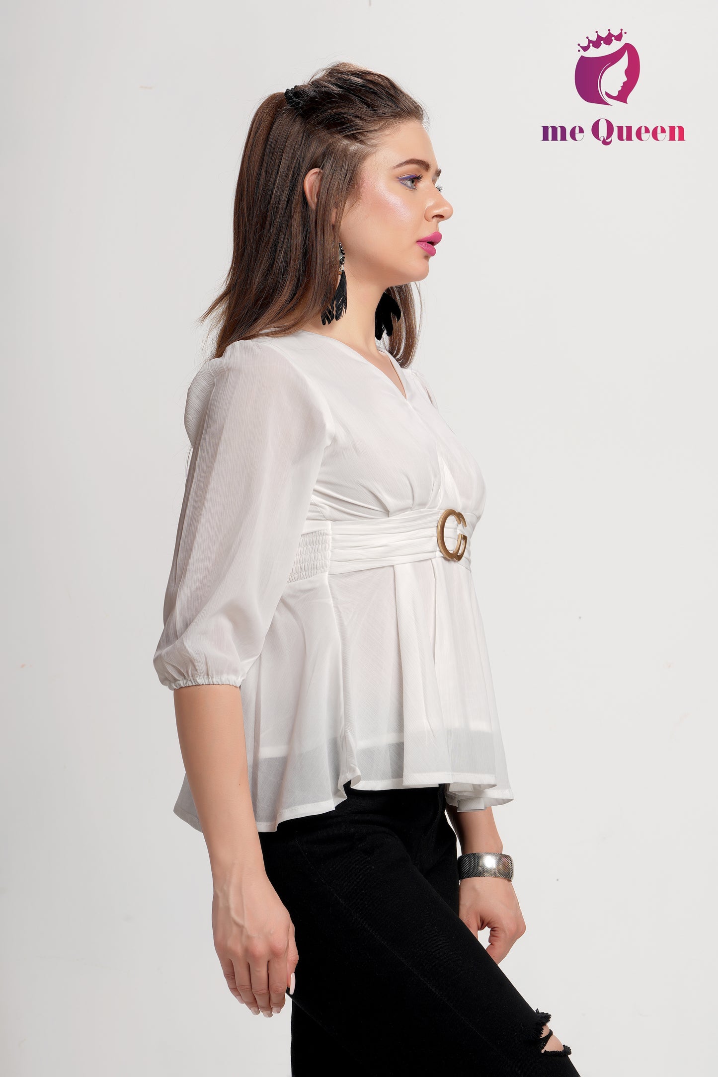 MeQueen's White Belt Style Peplum Top with buckle