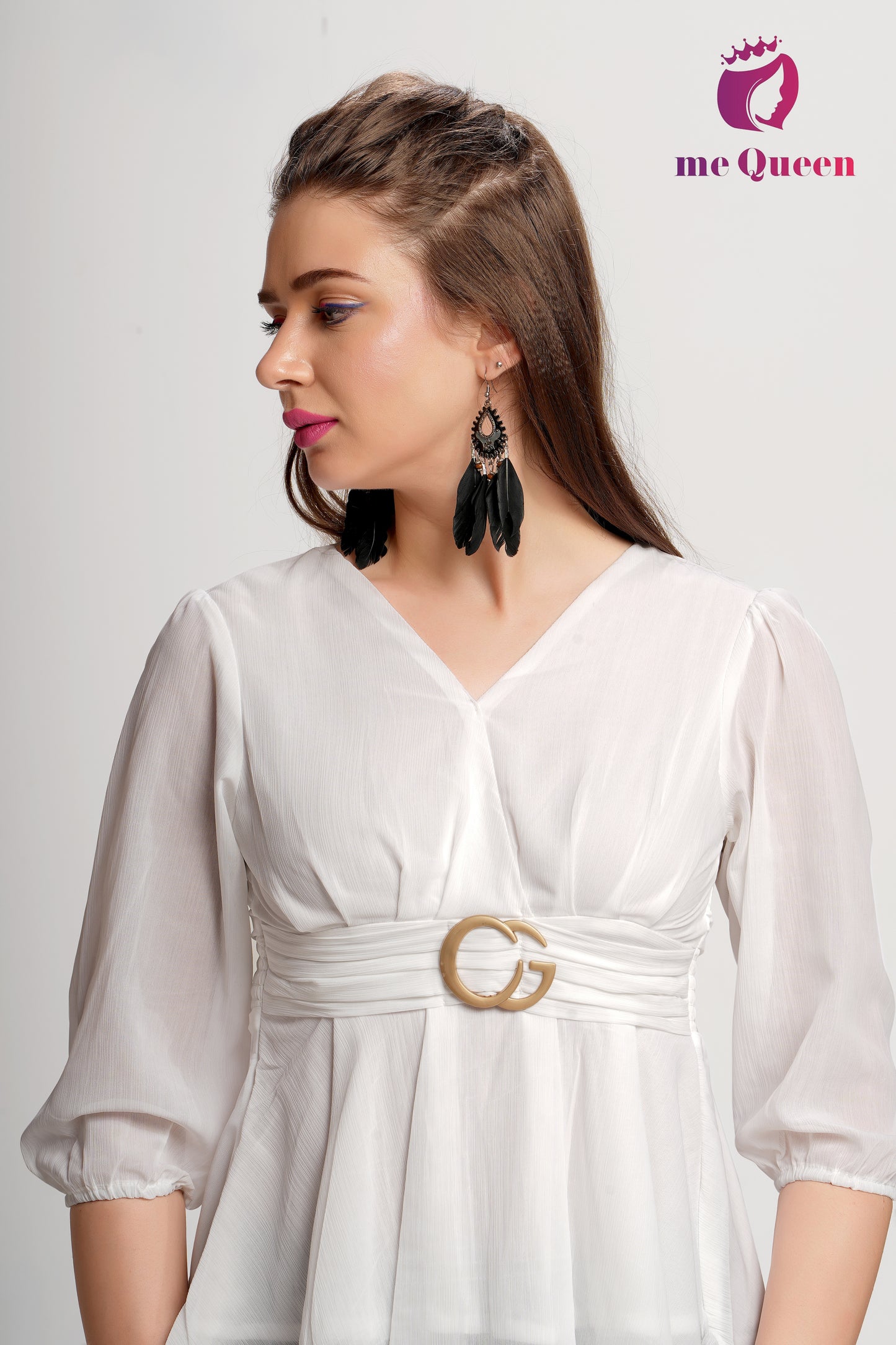 MeQueen's White Belt Style Peplum Top with buckle