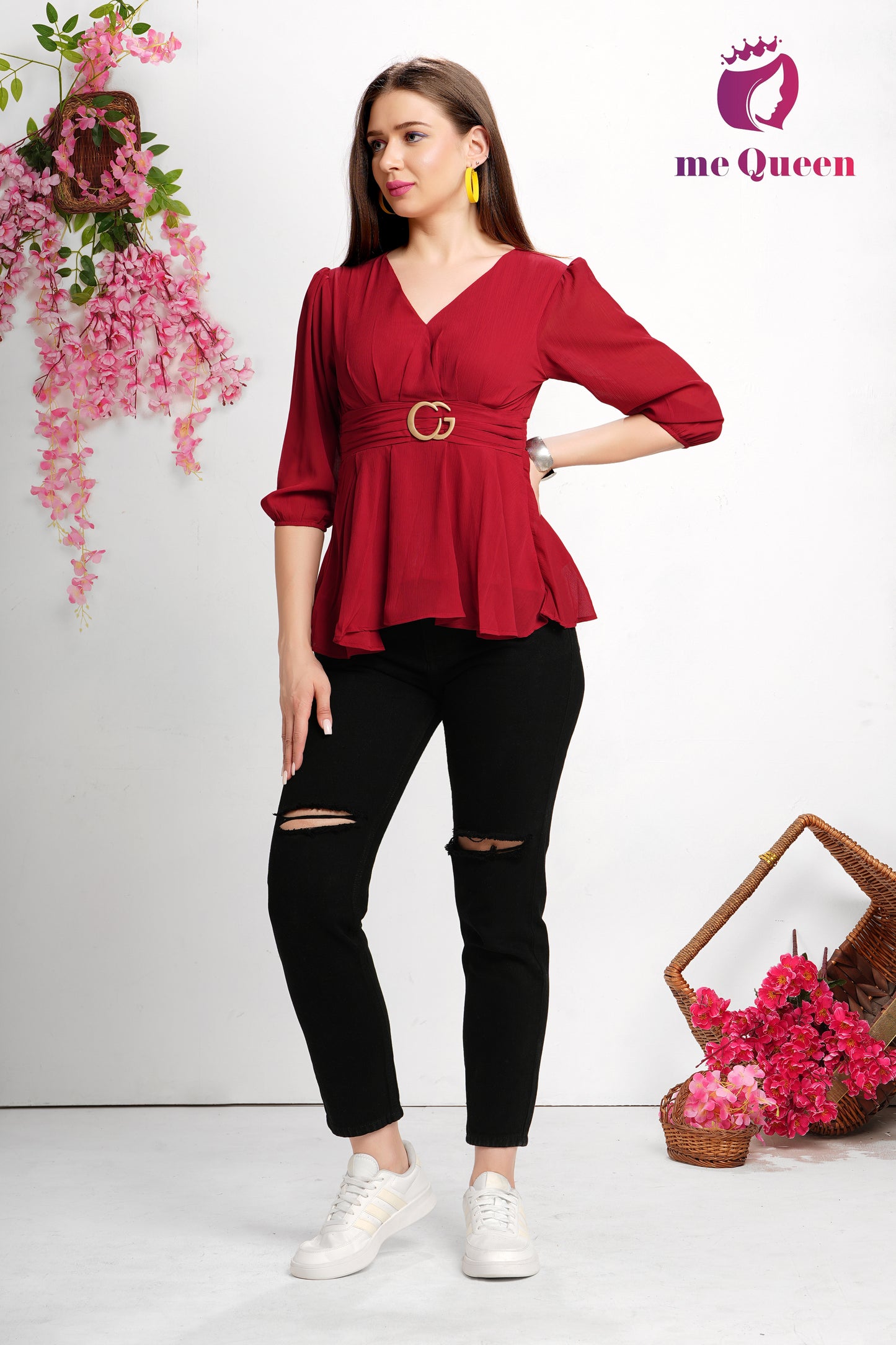 MeQueen's Red Belt Style Peplum Top with buckle