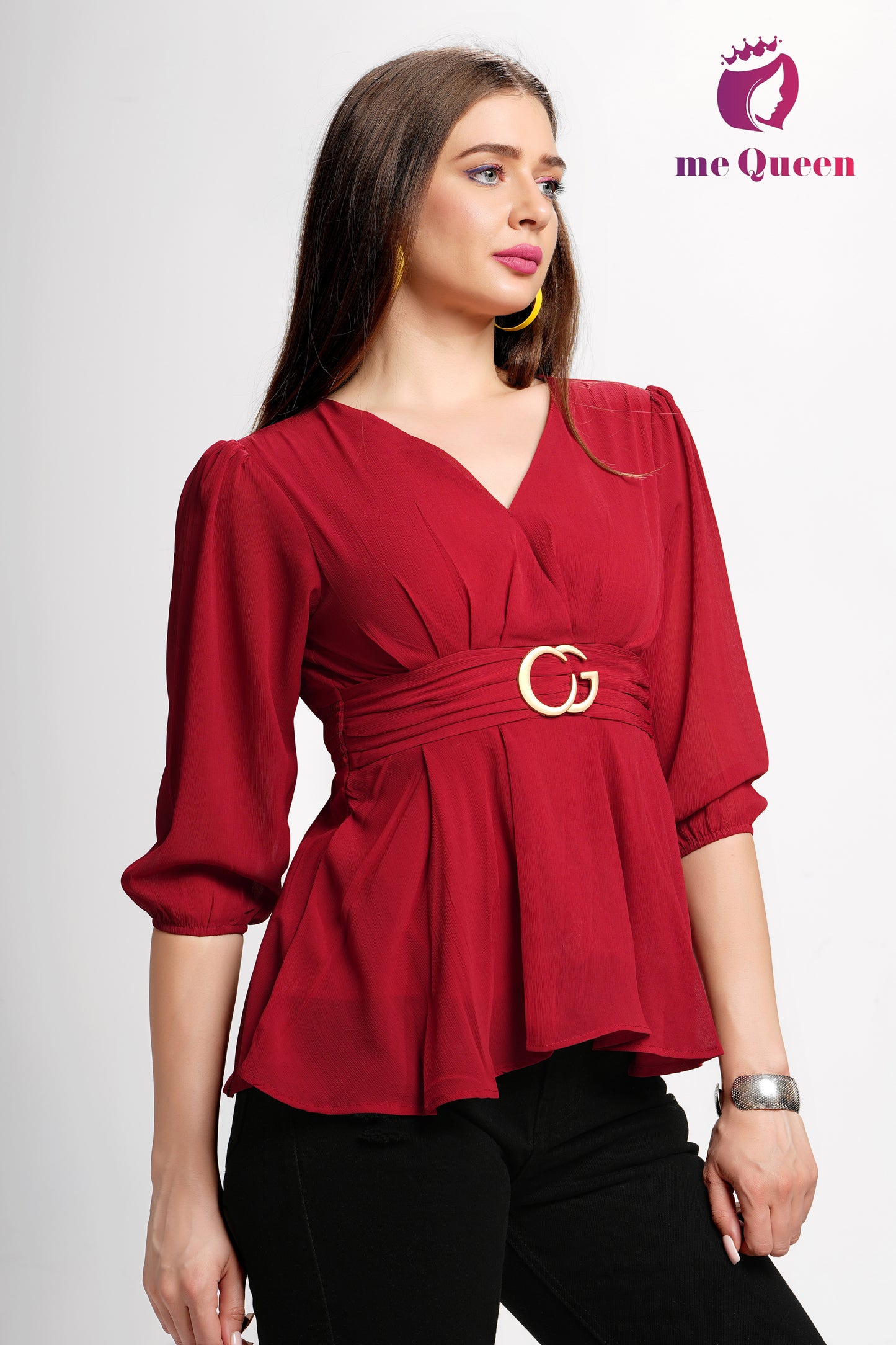 MeQueen's Red Belt Style Peplum Top with buckle