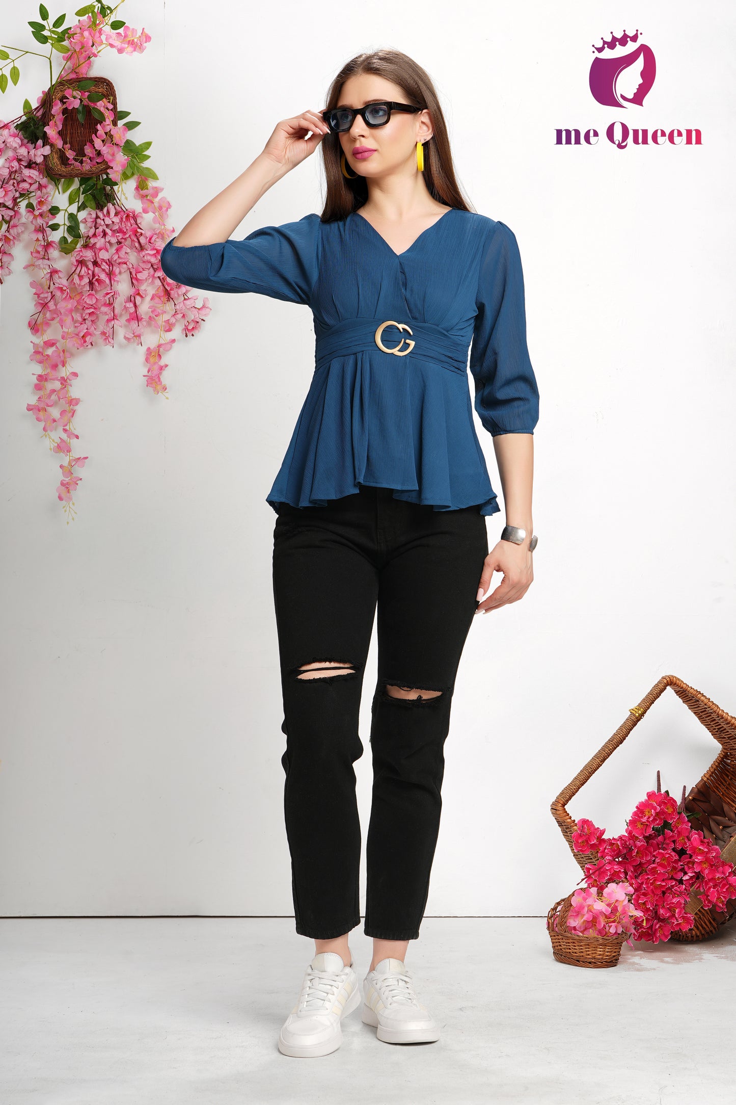 MeQueen's Blue Belt Style Peplum Top with buckle
