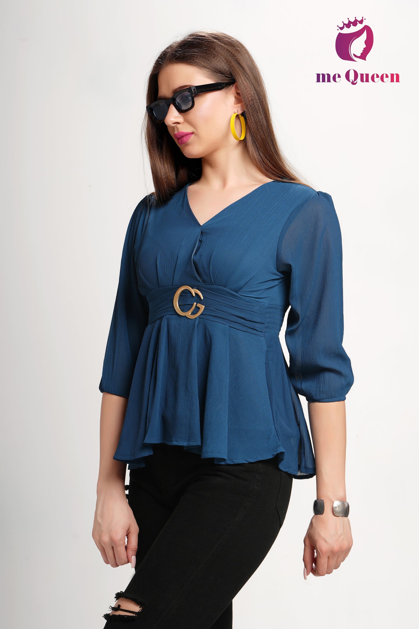 MeQueen's Blue Belt Style Peplum Top with buckle