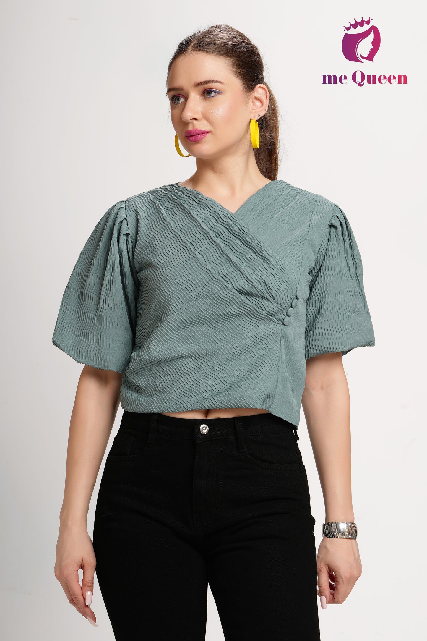 MeQueen's Women's Stylish Pattern Green Top with Puff Sleeves