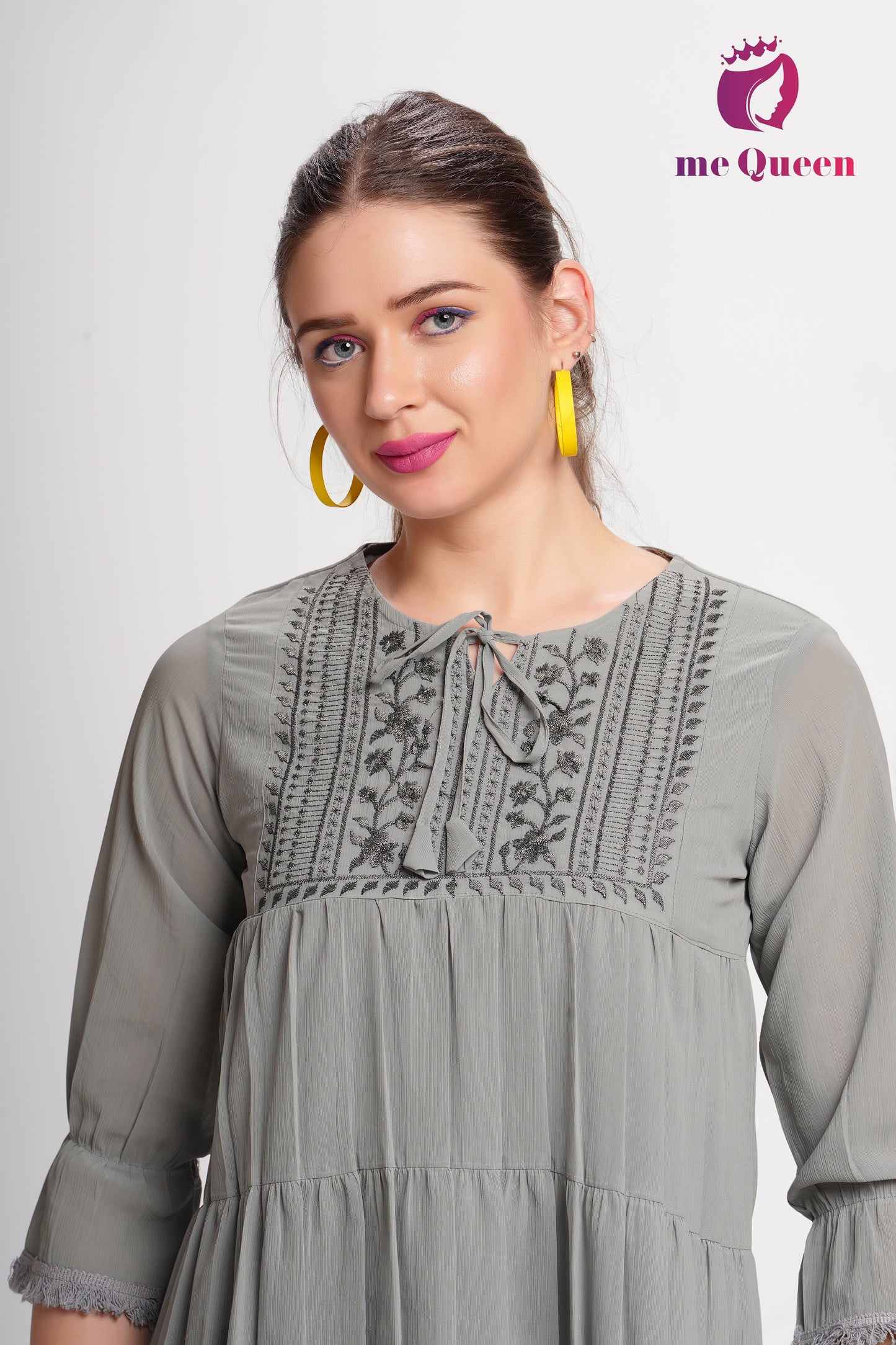 MeQueen's Casual Embroidered Women Grey Top