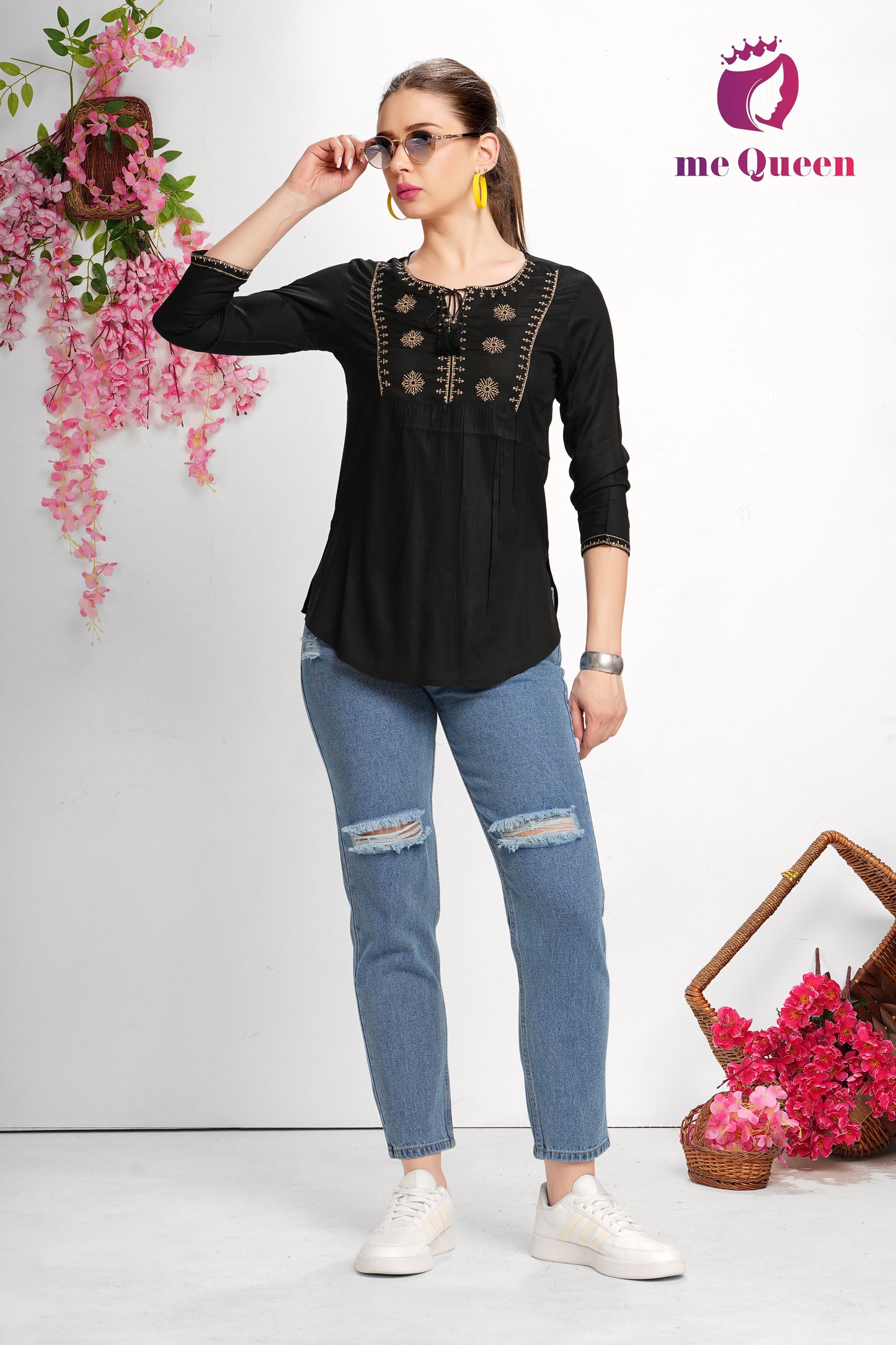 MeQueen Women's Black Top with Golden Thread Work