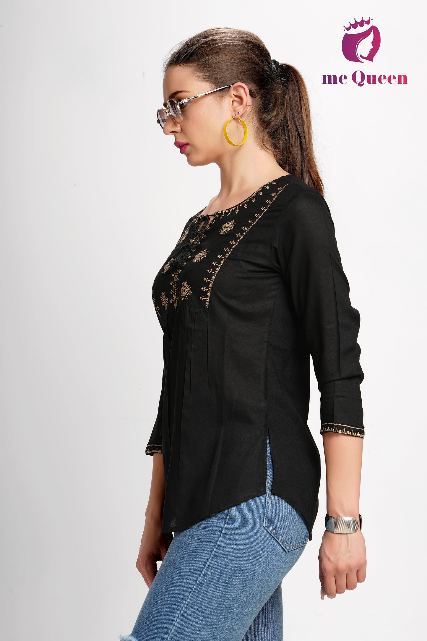 MeQueen Women's Black Top with Golden Thread Work