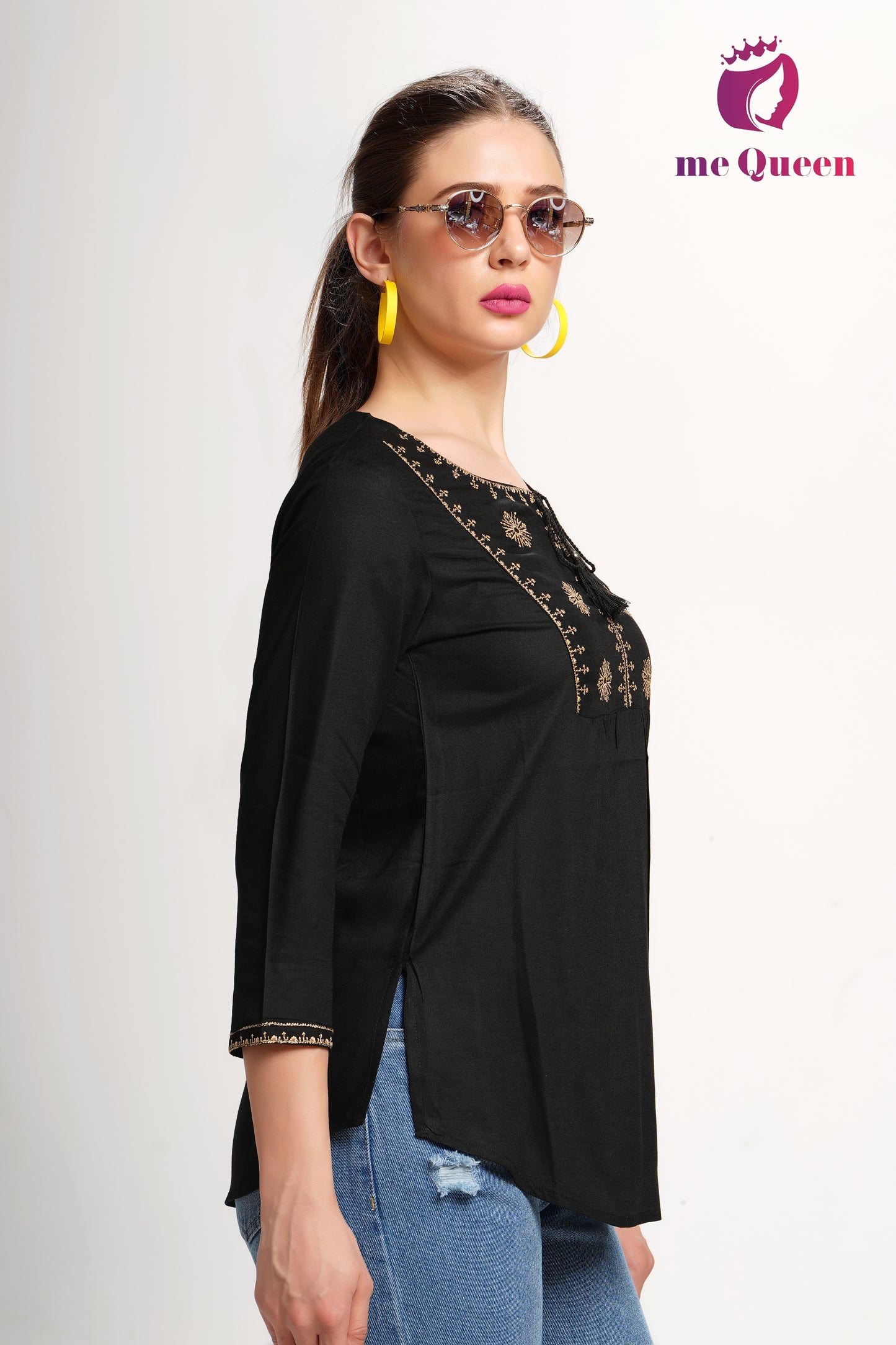 MeQueen Women's Black Top with Golden Thread Work
