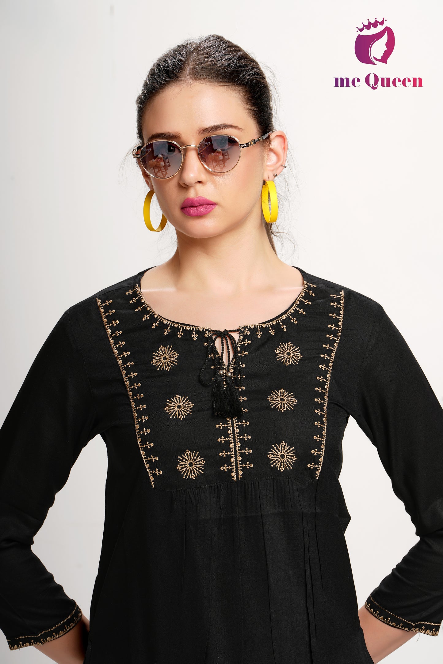 MeQueen Women's Black Top with Golden Thread Work