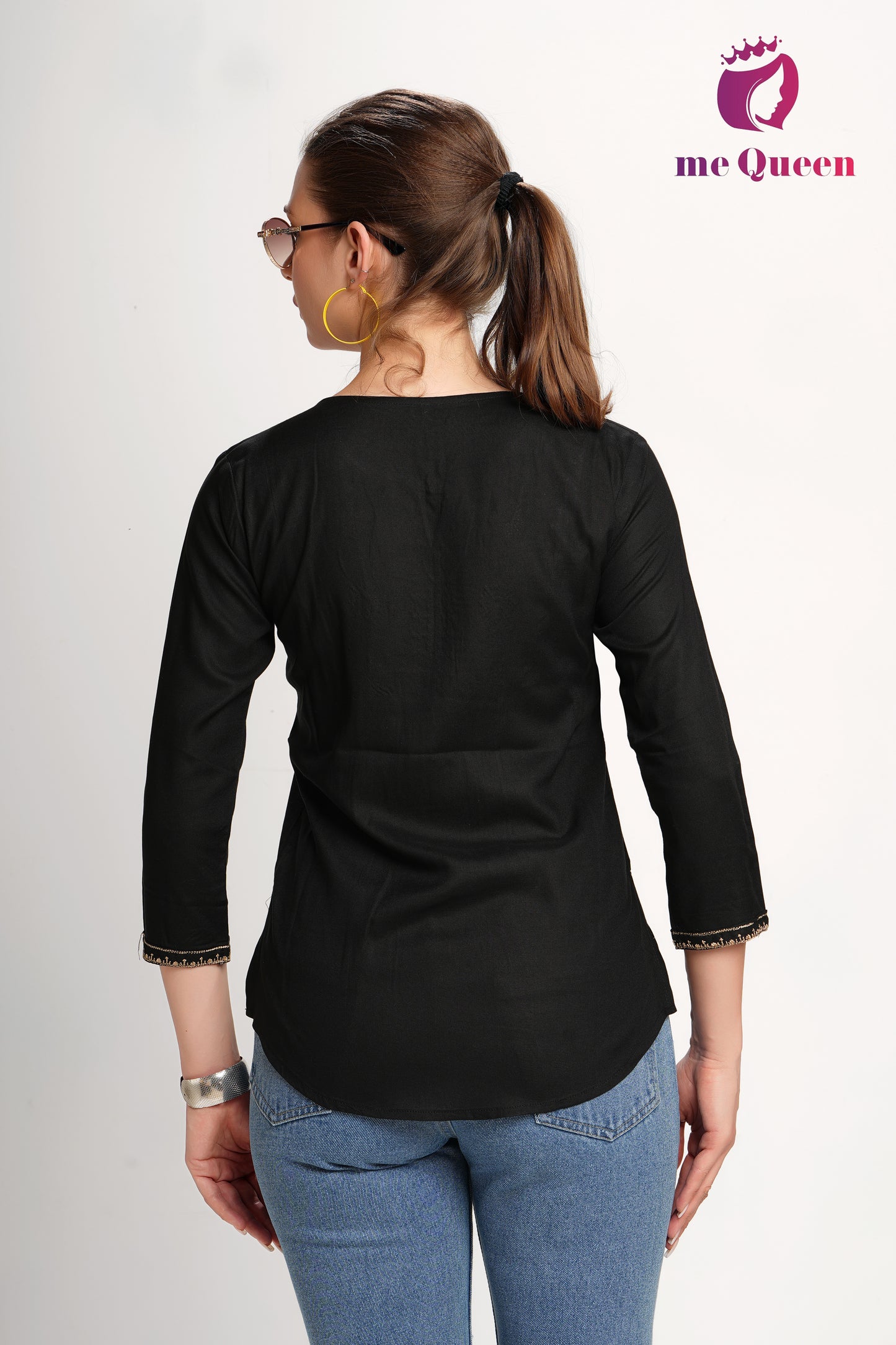MeQueen Women's Black Top with Golden Thread Work