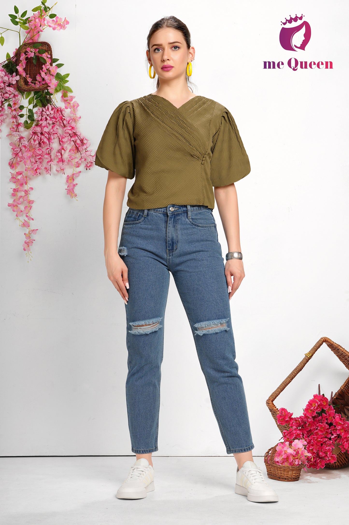 MeQueen's Women's Stylish Pattern Dark Olive Brown Top with Puff Sleeves